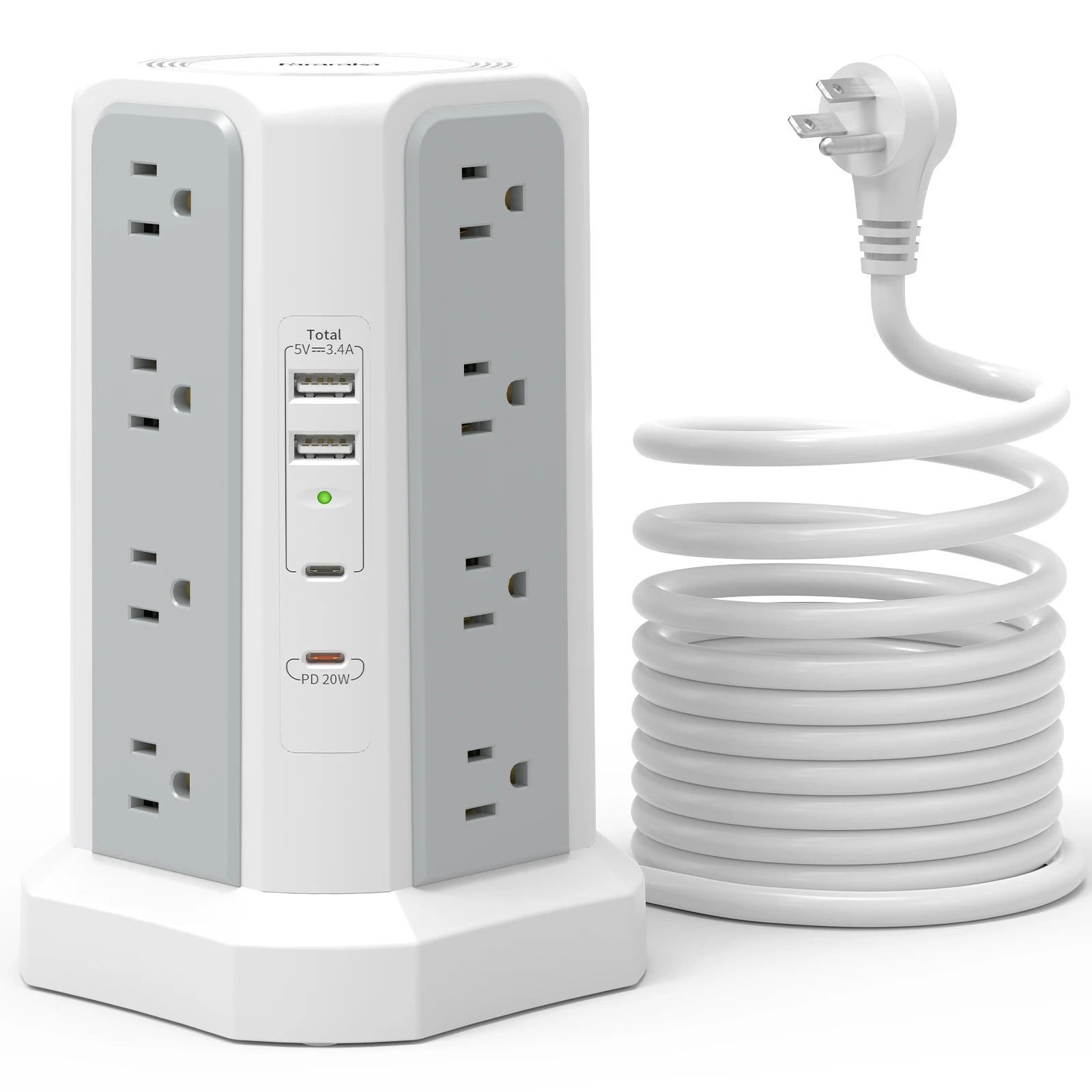 US 4-Layer Tower Power Strip – 16 Outlets with 2 USB-A & 2 USB-C (20W Fast Charge), 3m Cable