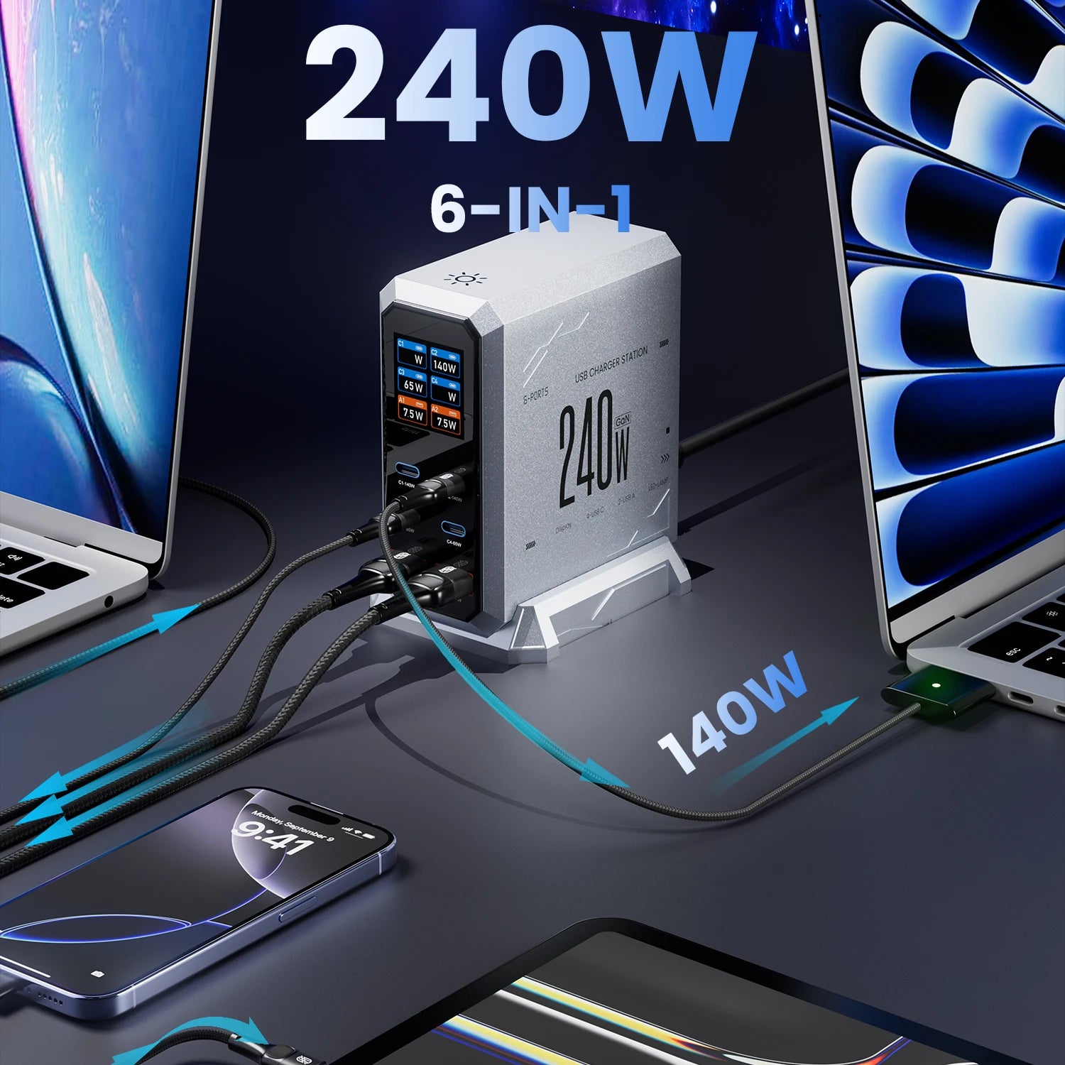 240W GaN USB-C Charger – 6-Port PD3.1 Fast Charging