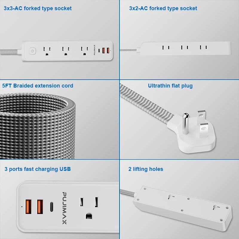 PUJIMAX Power Strip – 5ft Extension Cable with 5 AC Outlets & 3 USB Ports