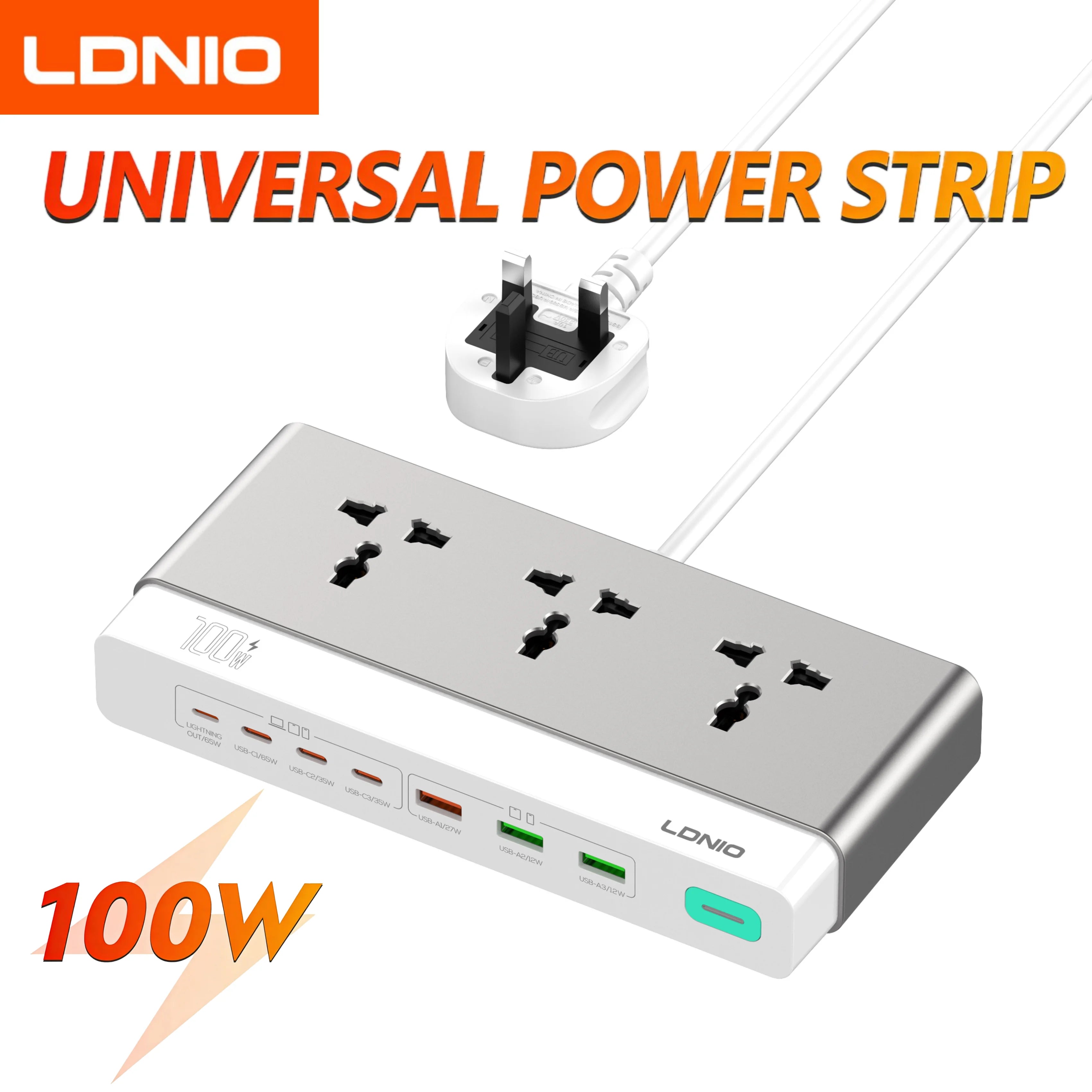 LDNIO 100W Desktop Power Strip – Universal AC Outlet with 65W USB-C Fast Charging & 2500W Power Station