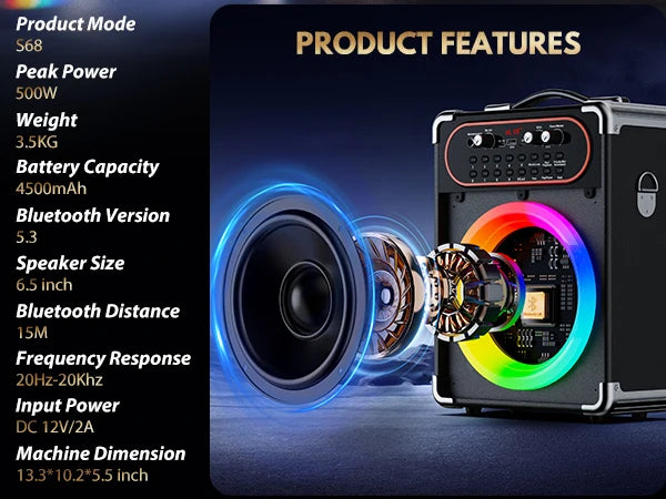 S68 Kara Ok with 2 Microphones, Portable Bluetooth 5.3 Kara Ok Speaker, Suitable for Outdoor Activities, Parties and Parties