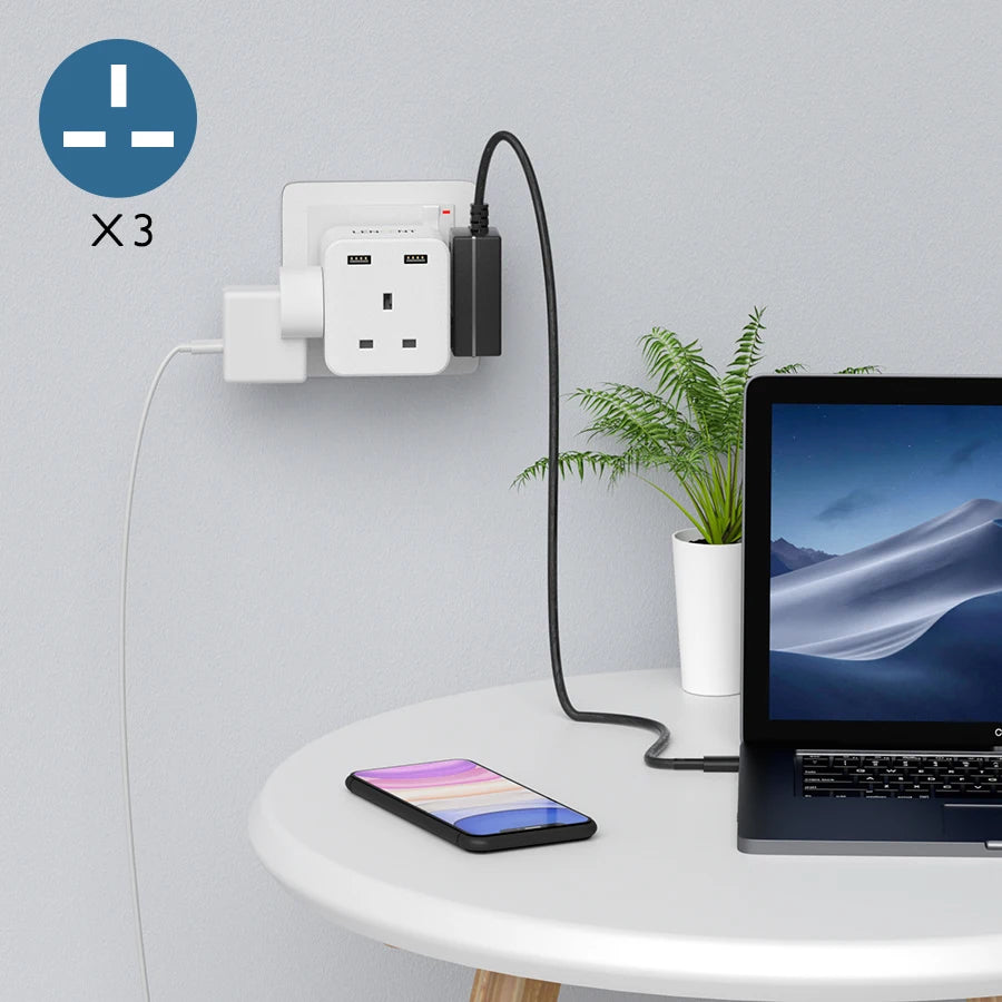 LENCENT UK Plug Power Strip with 3 AC Outlets 2 USB Charging Ports 5V 2.4A Portable Multi Socket Power Adapter for Home Office