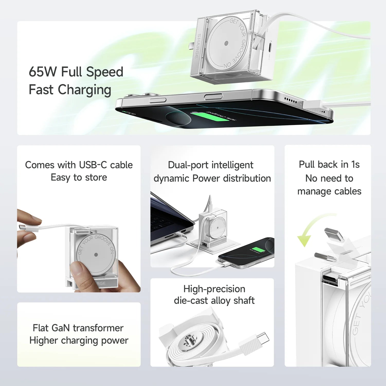 SHARGE Retractable 65W USB C Charger GaN Power 2 Devices PD Fast Charging for MacBook Pro/Air, iPhone 16,Pixel Book