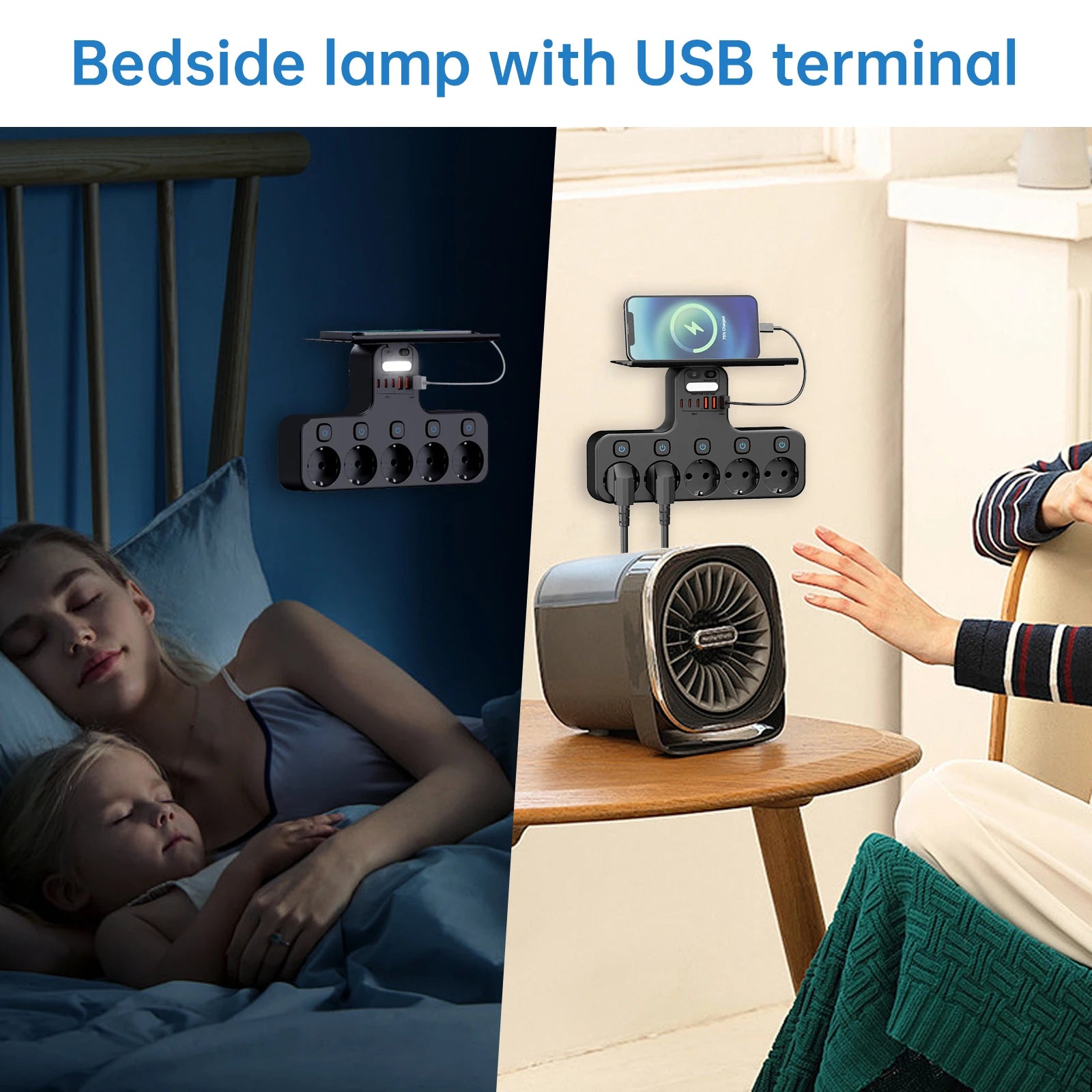 4000W Smart Wall Power Strip – USB-C Fast Charging Hub with Motion Sensor Night Light & Independent Switches