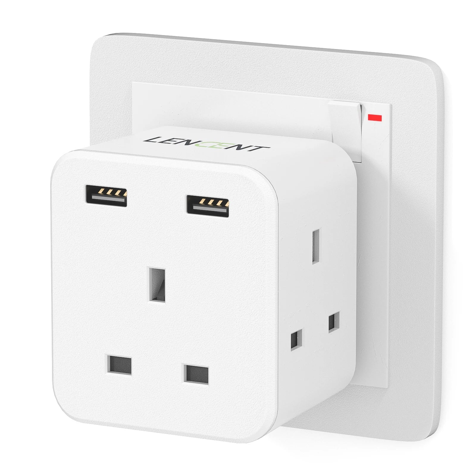 LENCENT UK Plug Power Strip with 3 AC Outlets 2 USB Charging Ports 5V 2.4A Portable Multi Socket Power Adapter for Home Office