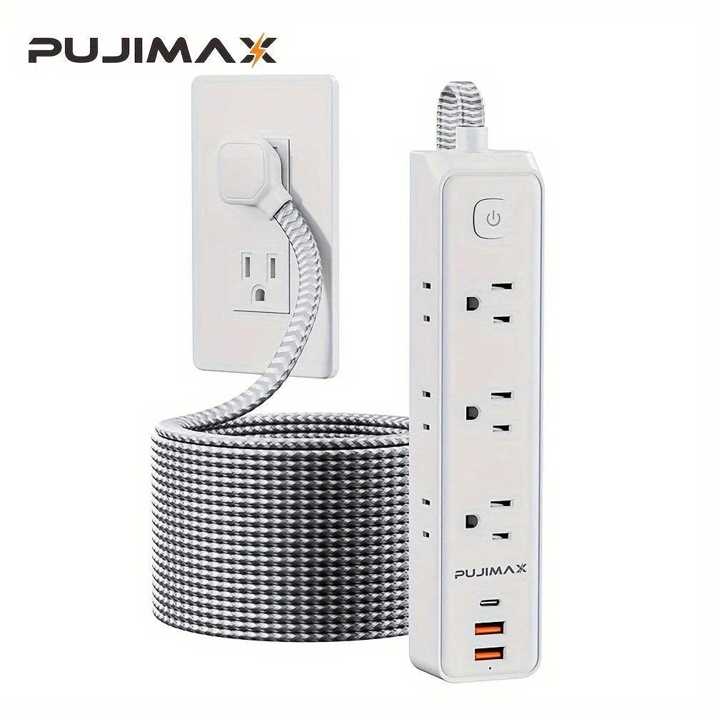 PUJIMAX US version 1.5-meter woven cable power board, featuring 2 USB ports, 1 Type-C port, and 6 AC socket ports