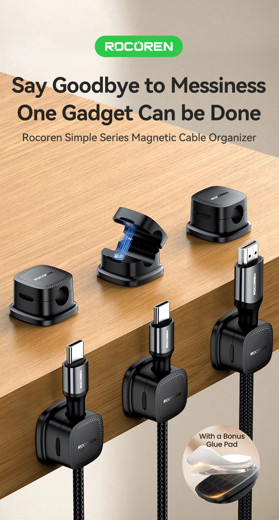 Rocoren Magnetic Cable Organizer – 6PCS Adjustable Wire Holder for Desk