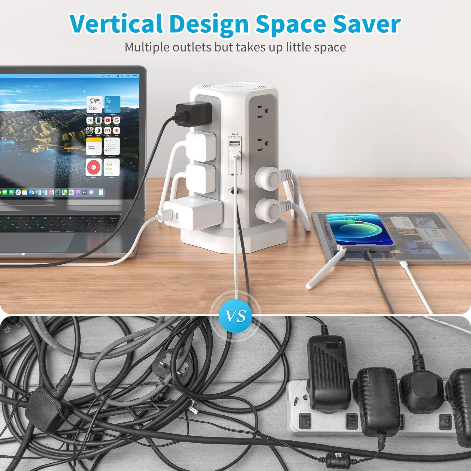 US 4-Layer Tower Power Strip – 16 Outlets with 2 USB-A & 2 USB-C (20W Fast Charge), 3m Cable