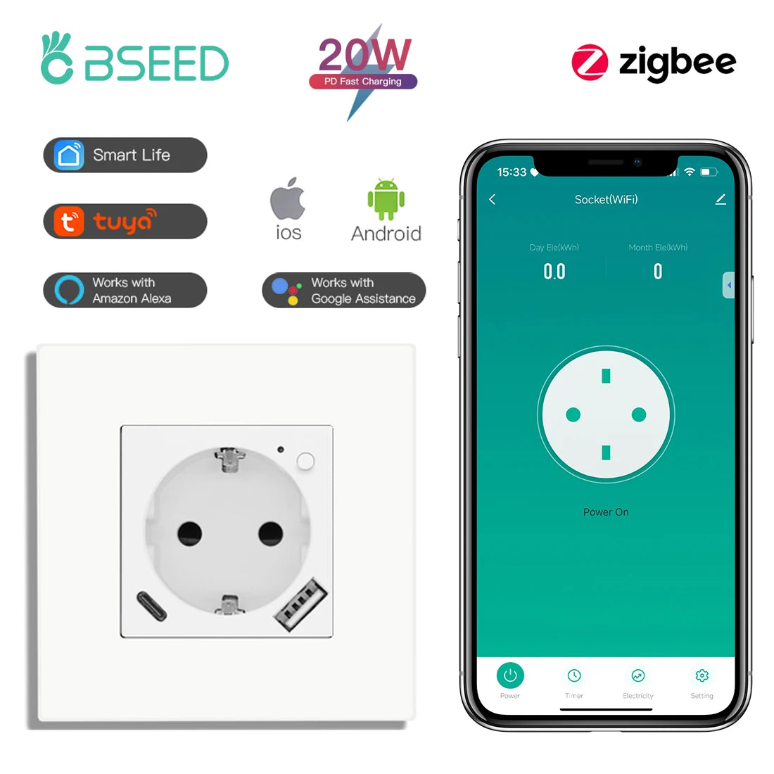 BSEED ZigBee Smart Wall Socket with Energy Monitoring (EU)