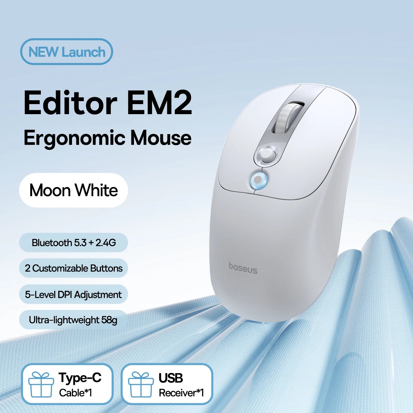 Baseus EM2 Wireless Mouse – Ergonomic, Silent, Type-C Charging
