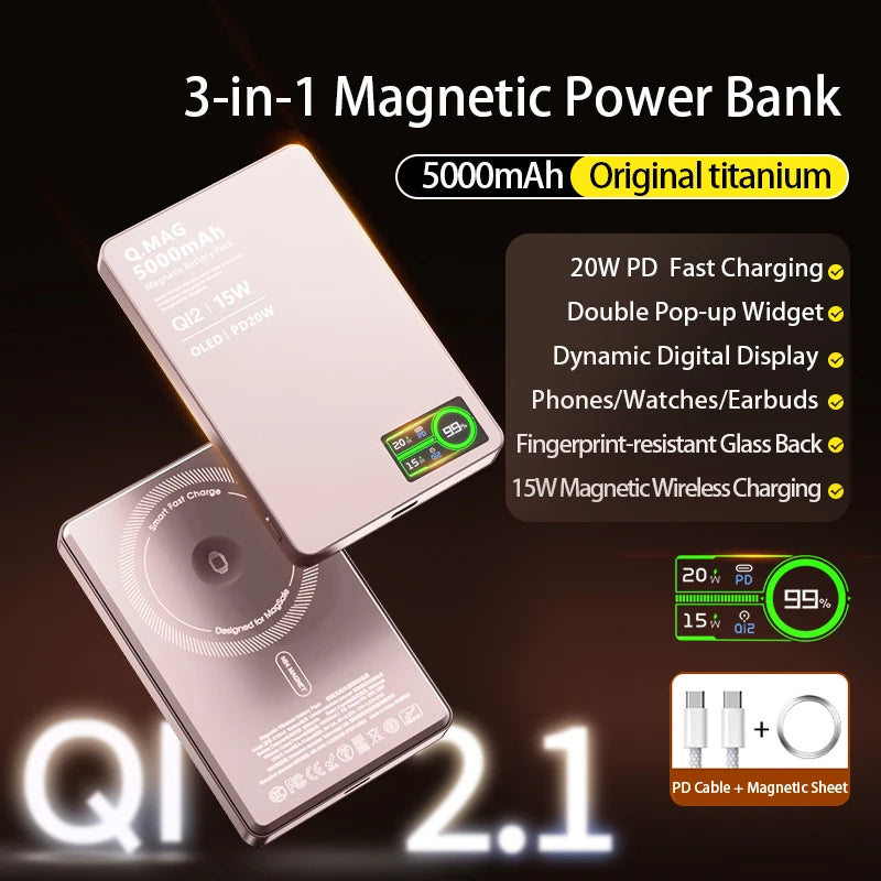15W Wireless Magnetic Power Bank – LCD Display, iPhone, AirPods & Watch Charging