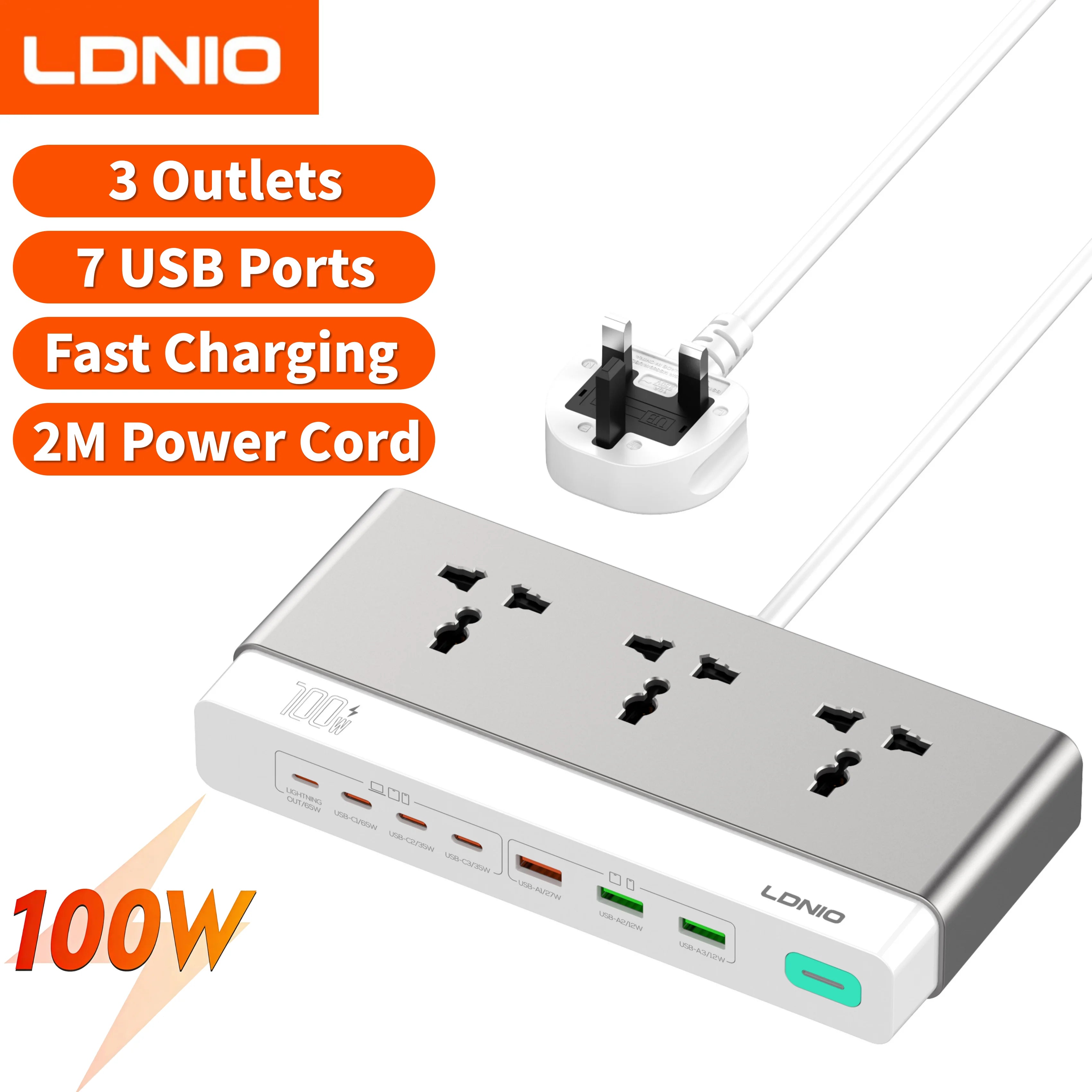 LDNIO 65W 13-in-1 Power Strip – Universal Outlets, USB-C Fast Charging & 2M Surge-Protected Extension Cord