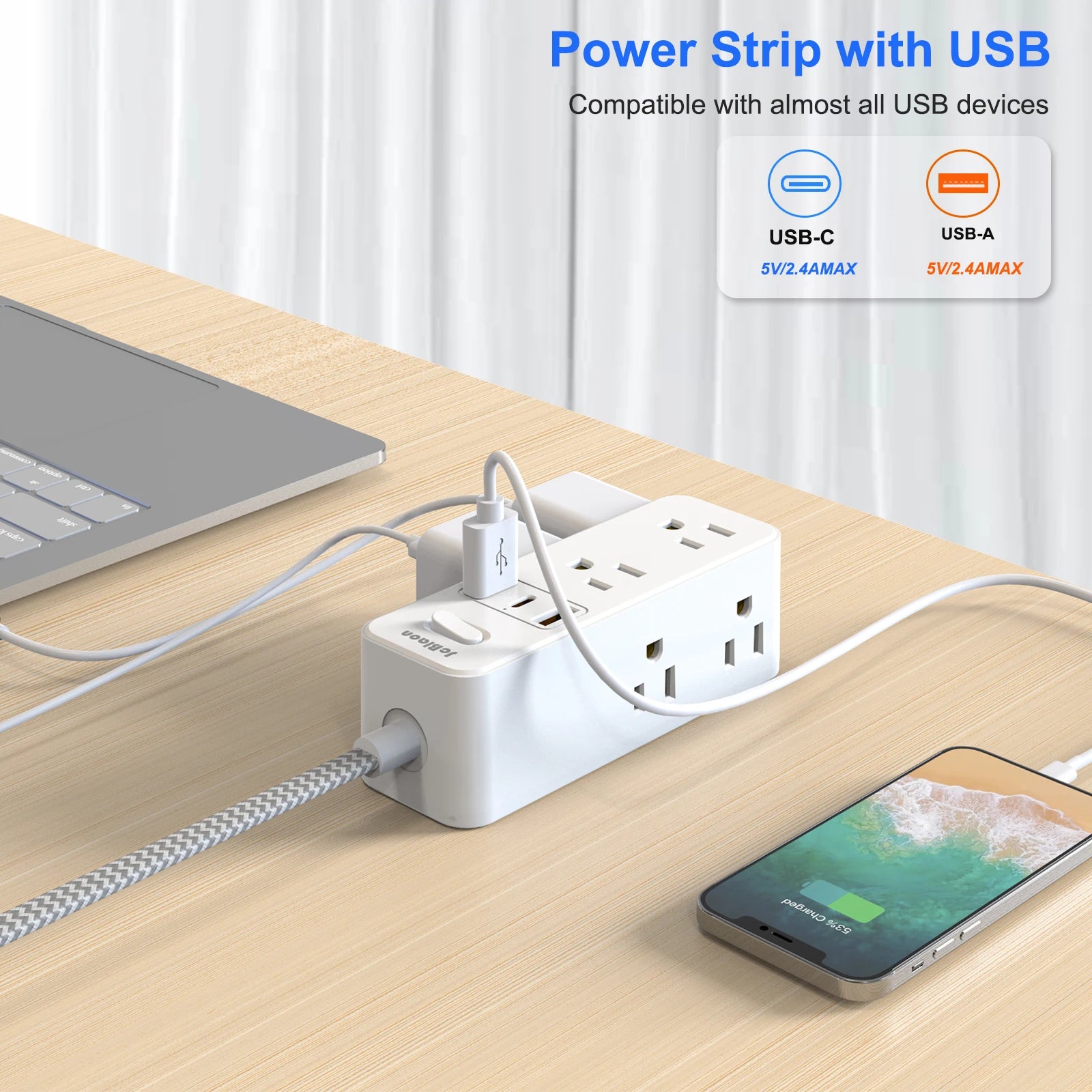 JcBlaon US Plug Multitap Power Strip – 1.5m Braided Cable with USB Charging