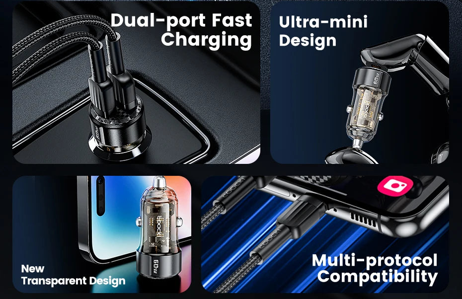 Toocki 60W Car Charger 30W Quick Charge Transparent Case PD 27W for iPhone 15 14 13 12 Xiaomi Poco Samsung Fast Charger Charging