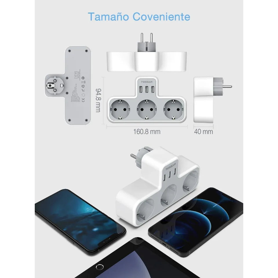 TESSAN Multiple Wall Socket with 3 AC Outlets Charging Ports EU Plug Wall Power Strip with Overload Protection 3fach Stecker Eu