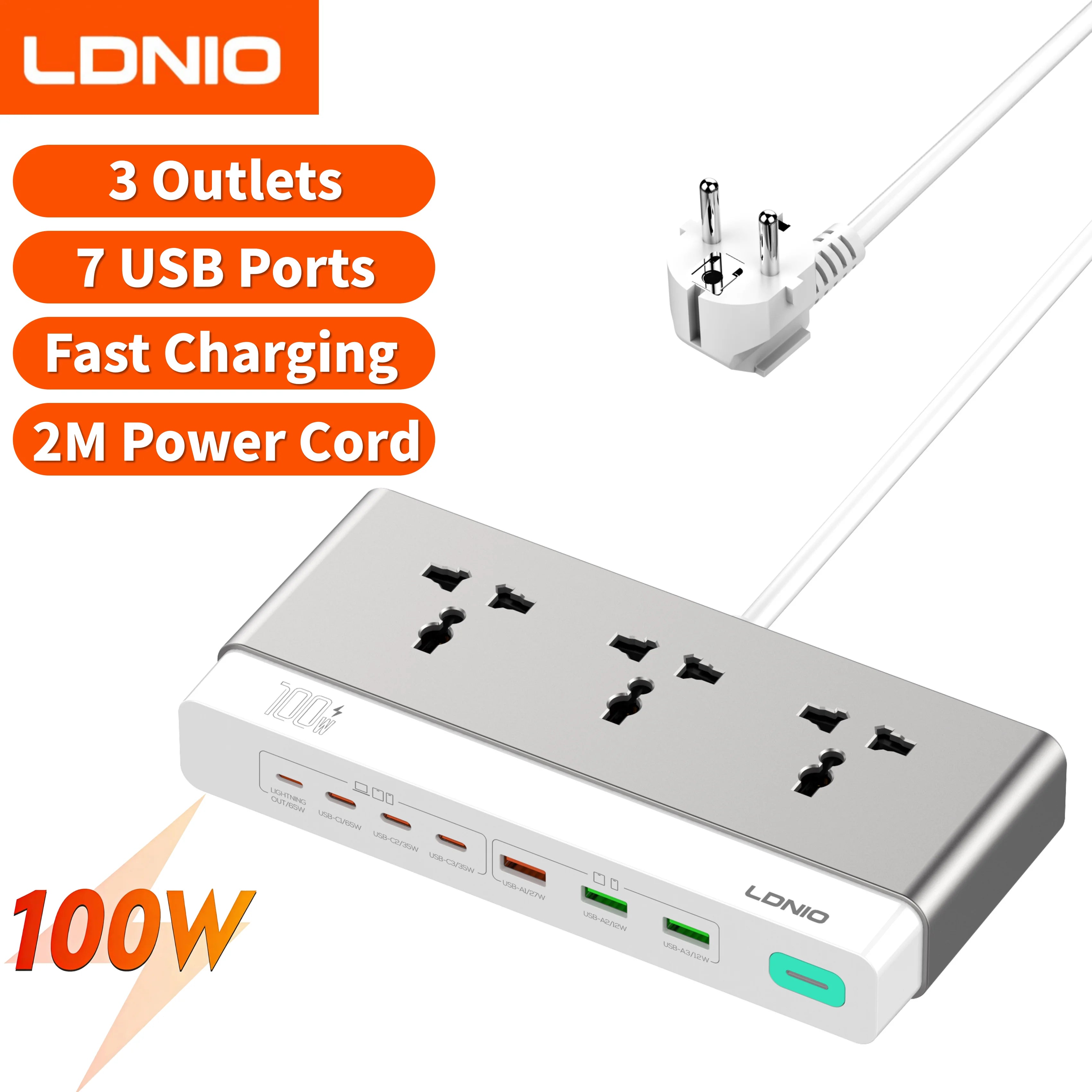 LDNIO 65W 13-in-1 Power Strip – Universal Outlets, USB-C Fast Charging & 2M Surge-Protected Extension Cord