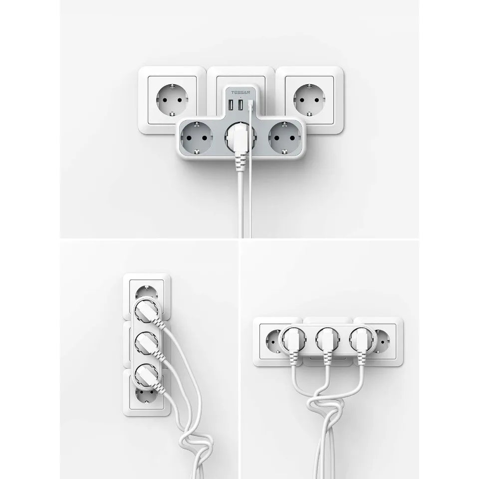 TESSAN Multiple Wall Socket with 3 AC Outlets Charging Ports EU Plug Wall Power Strip with Overload Protection 3fach Stecker Eu
