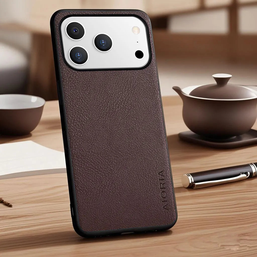 Vegan Faux Lychee Pebbled Leather Case for iPhone 15–17 Series – Soft Protective Cover