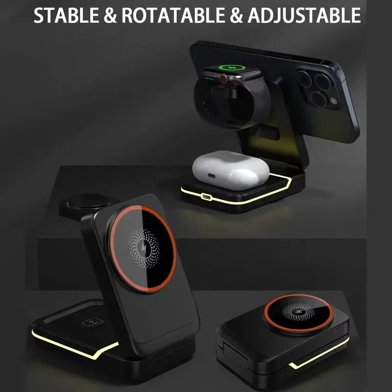30W 3 in 1 Magnetic Foldable Travel Fast Wireless Charger Stand for Magsafe iPhone 16 15 14 13 17 Pro Apple Watch 2-9 SE Airpods