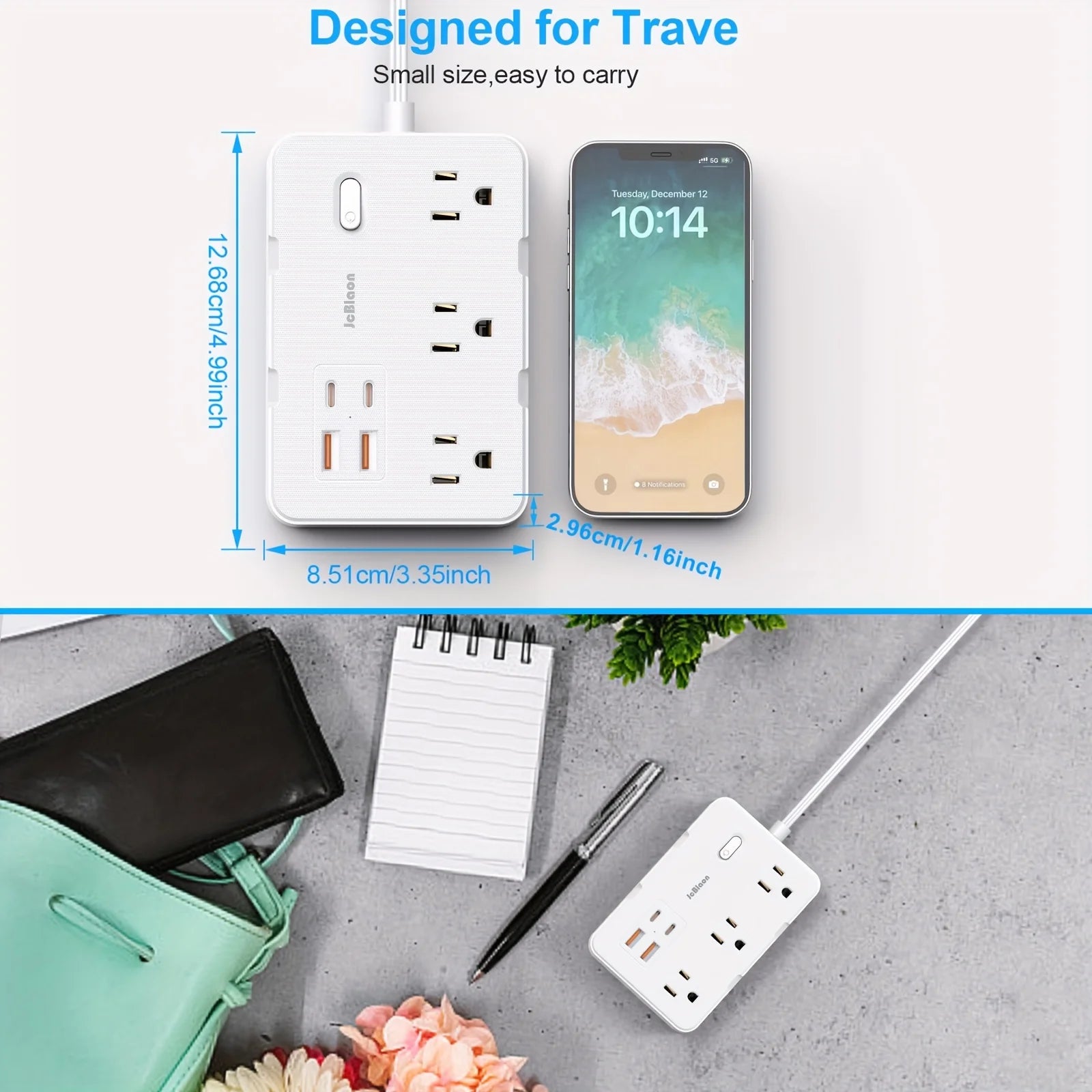 Power Strip Adapter – 6 AC Outlets & 4 USB Ports(2 USB - C) with 5ft Flat Cord