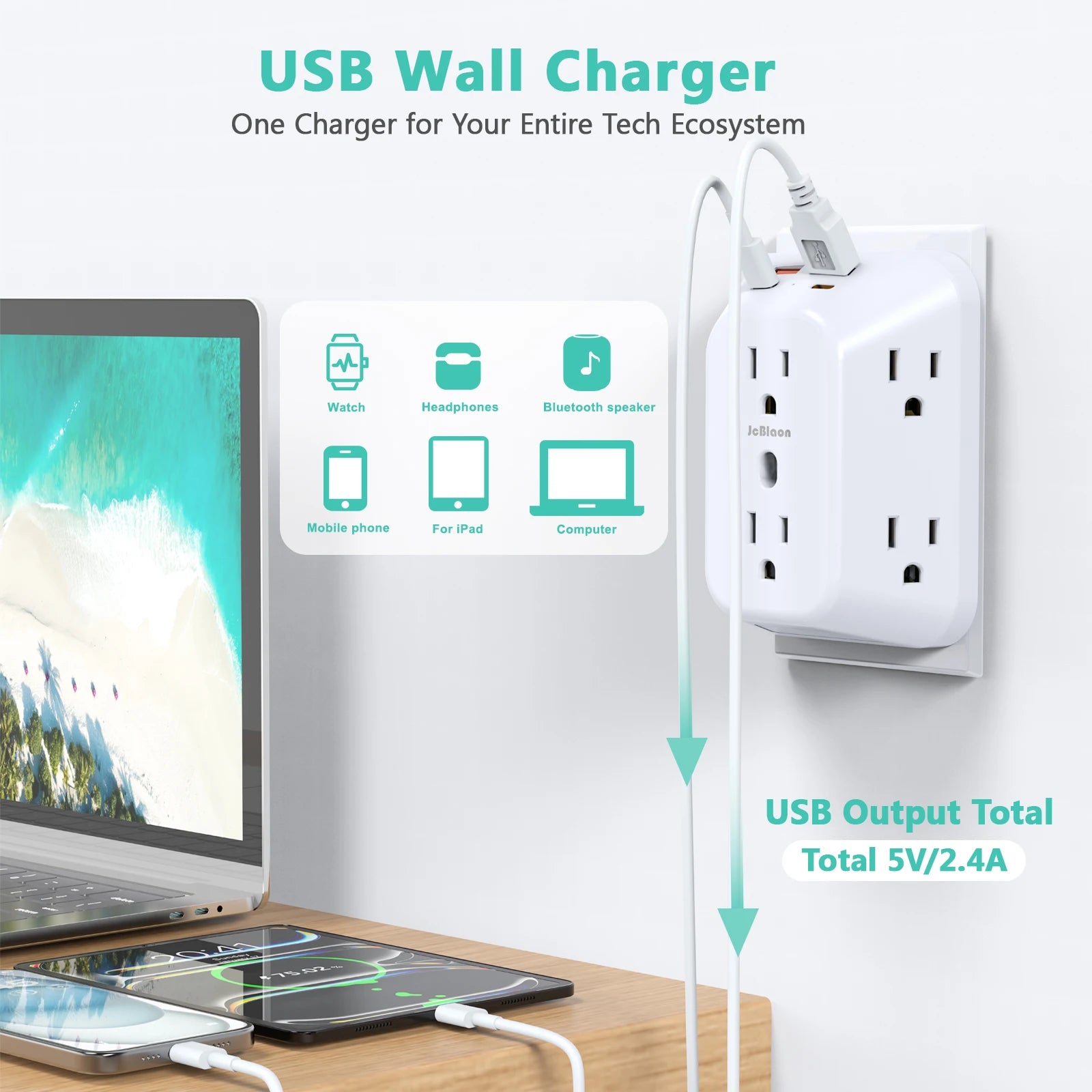 USB Wall Charger Surge Protector – 6 AC Outlets, 4 USB Ports & 2 USB-C