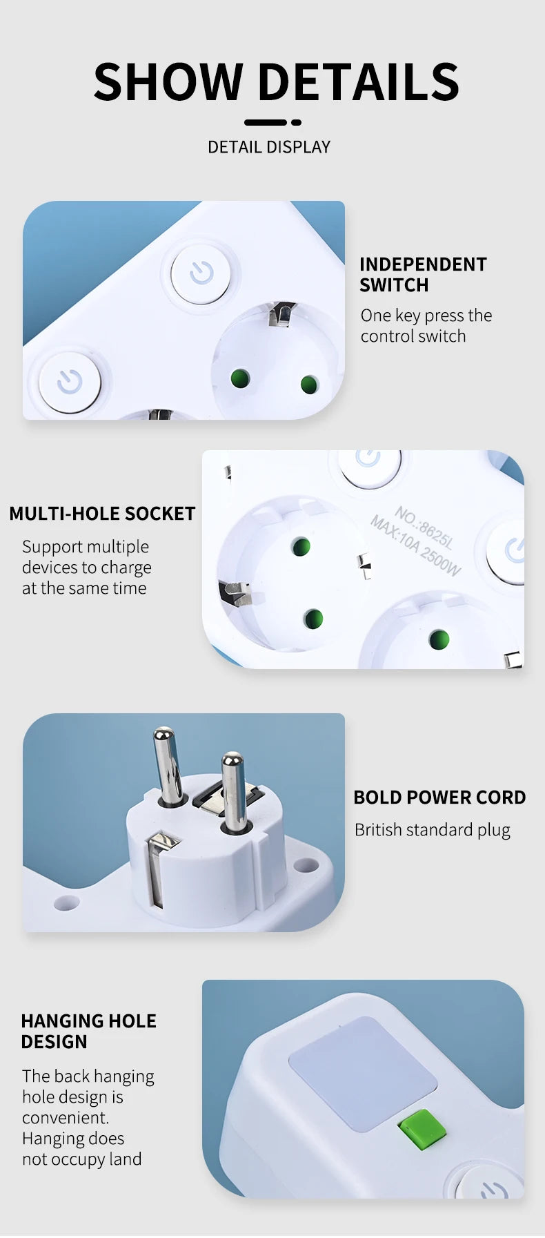 EU Wall Socket with 4 AC Outlets & USB-C Fast Charging Ports