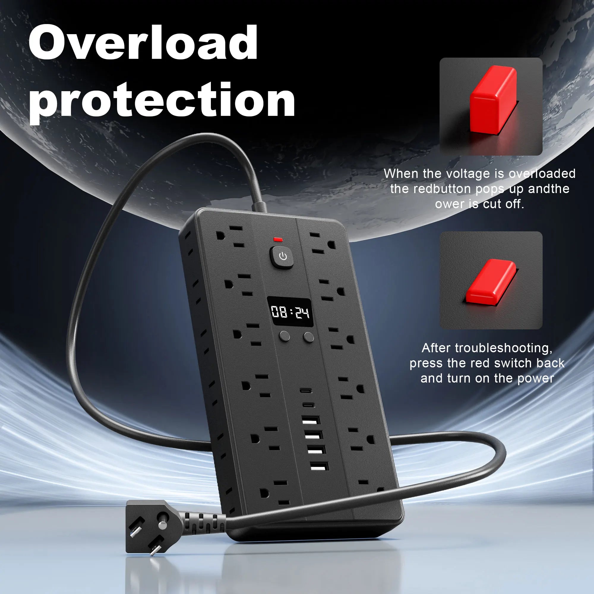31-in-1 Multifunctional Power Socket – 24 AC Outlets, 4 USB & 2 USB-C with Time Display