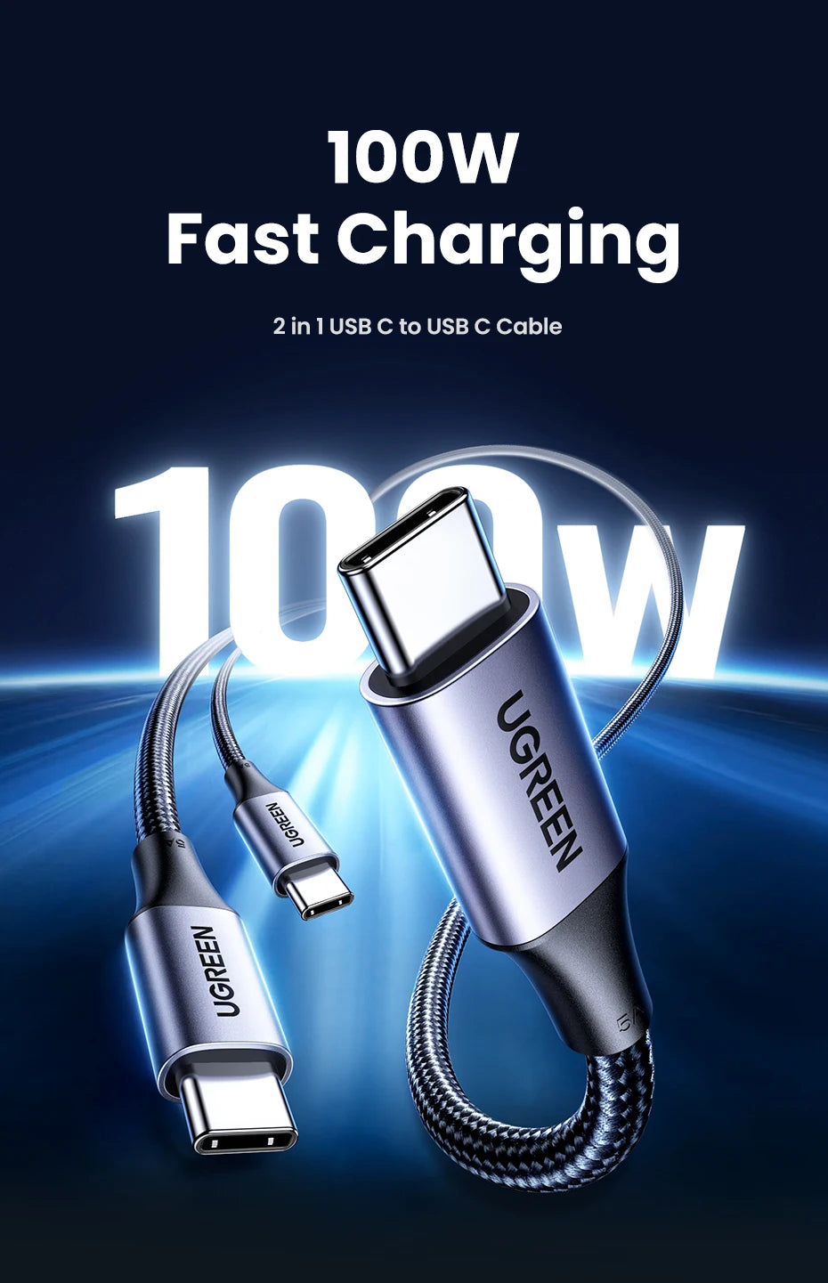 UGREEN 100W 2-in-1 USB-C PD Fast Charging Cable – iPhone 15 Pro, Galaxy S24, Laptop