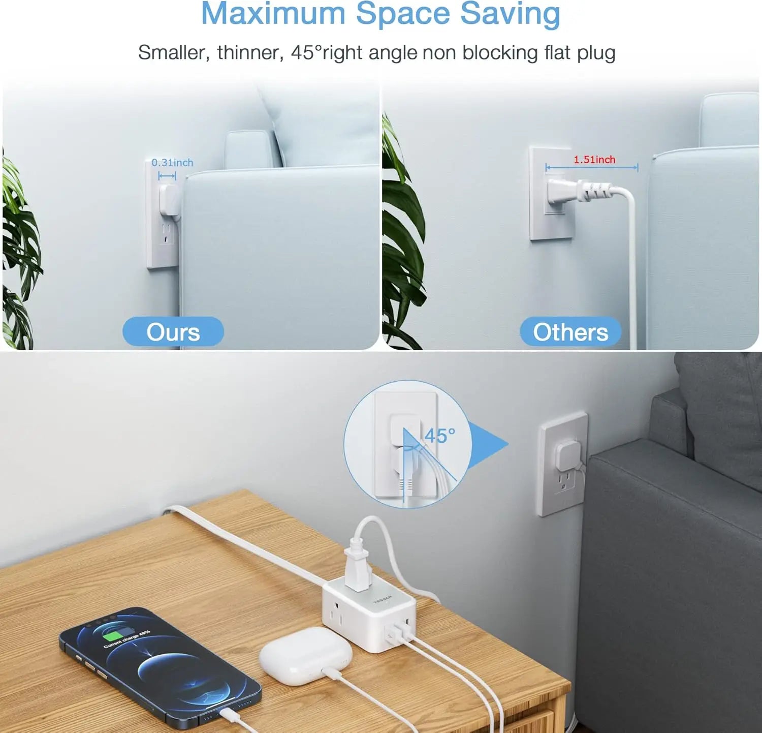 Comparison of a flat plug design with 'Ours' and 'Others' on a wall and table.