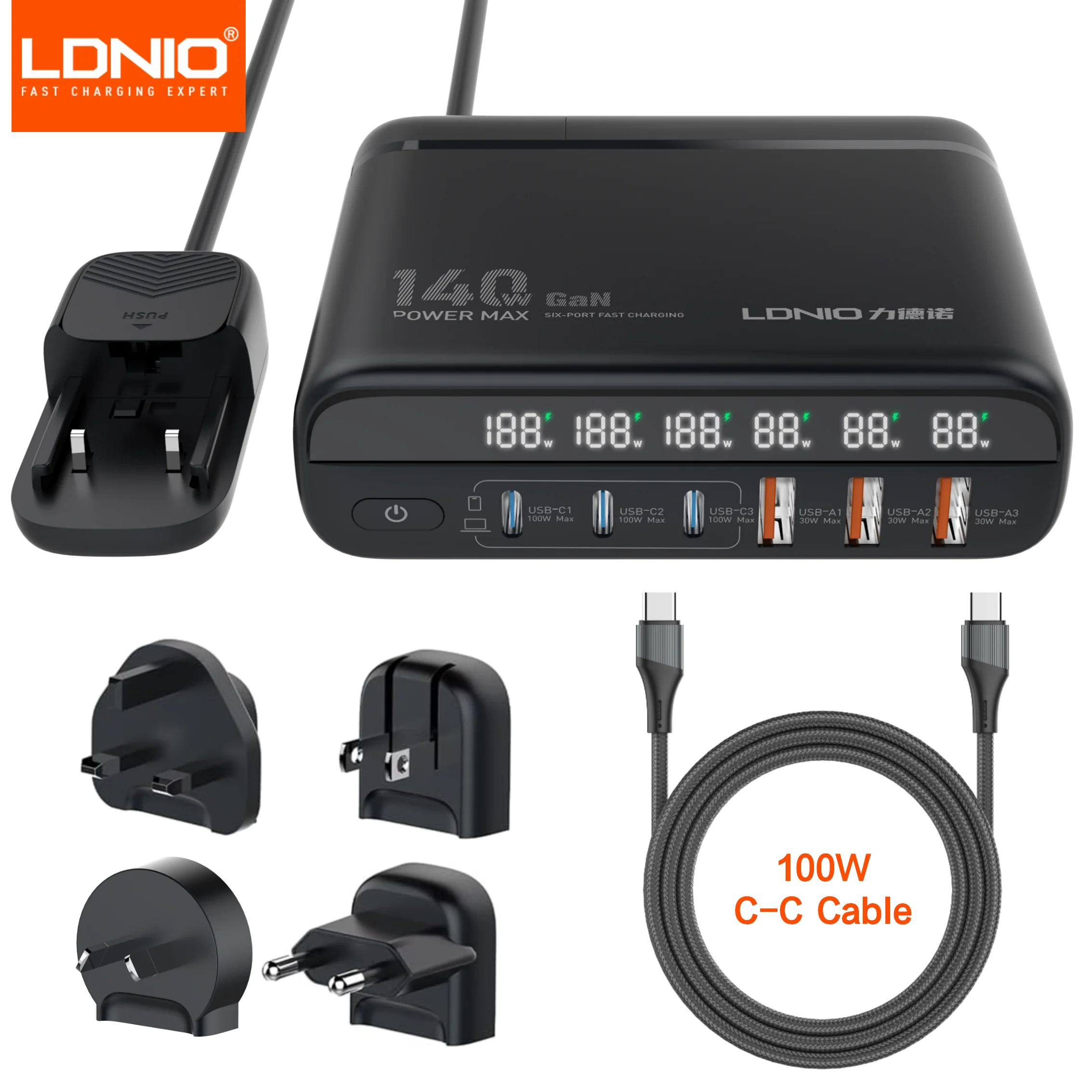 LDNIO 140W GaN International Travel Adapter – Universal AU/US/UK/EU Plug with 100W USB-C Fast Charging & LED Display