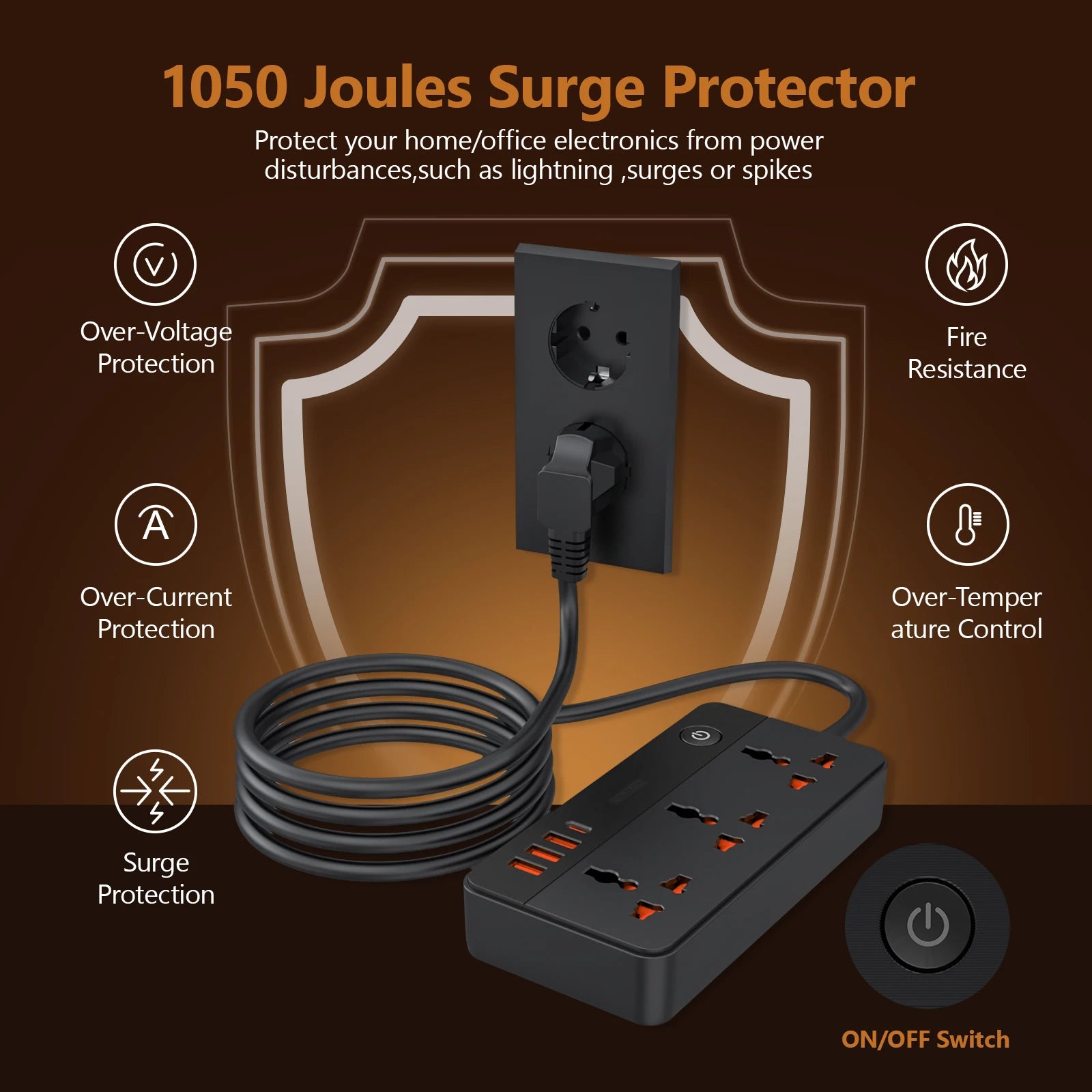 Universal EU Power Strip – Multi-Outlet with 3 USB-A – 1 USB-C 20W PD & 1.9m Cord