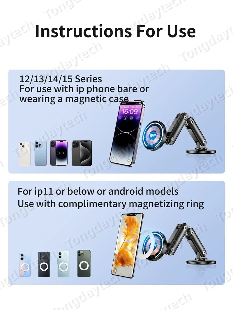 Magnetic Car Charger Holder – 15W Wireless Fast Charge
