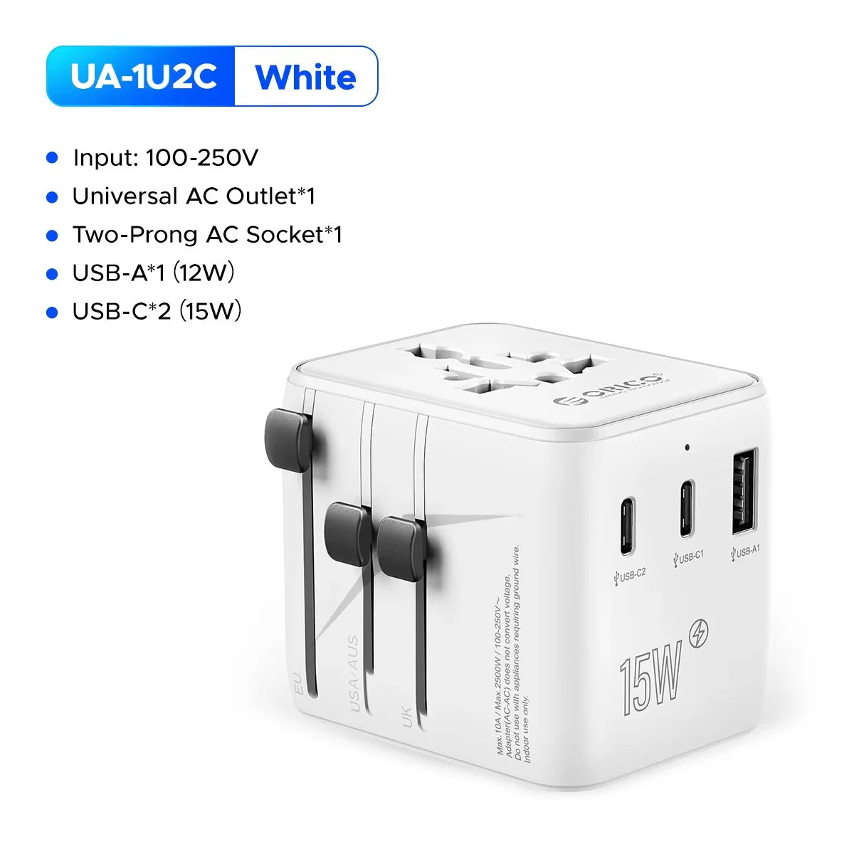 ORICO Universal Travel Adapter Worldwide All-in-One 20W GaN with AC Outlet USB A Type C Dual 10A Fuses Fast Charging EU US UK AU