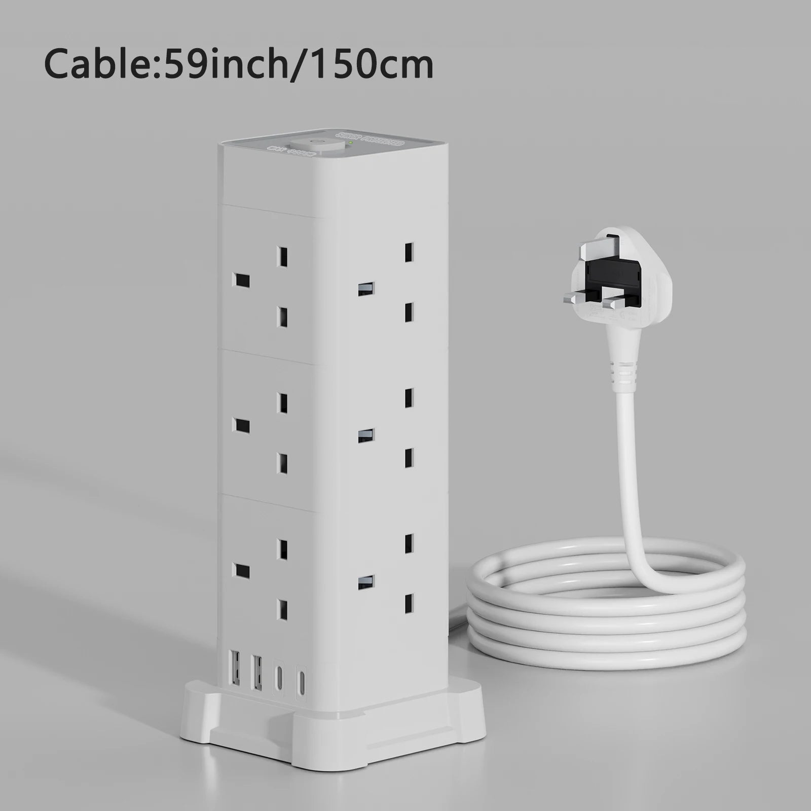 UK Power Tower Extension Lead – Multi Socket Surge Protector with USB-C & USB Charging Ports