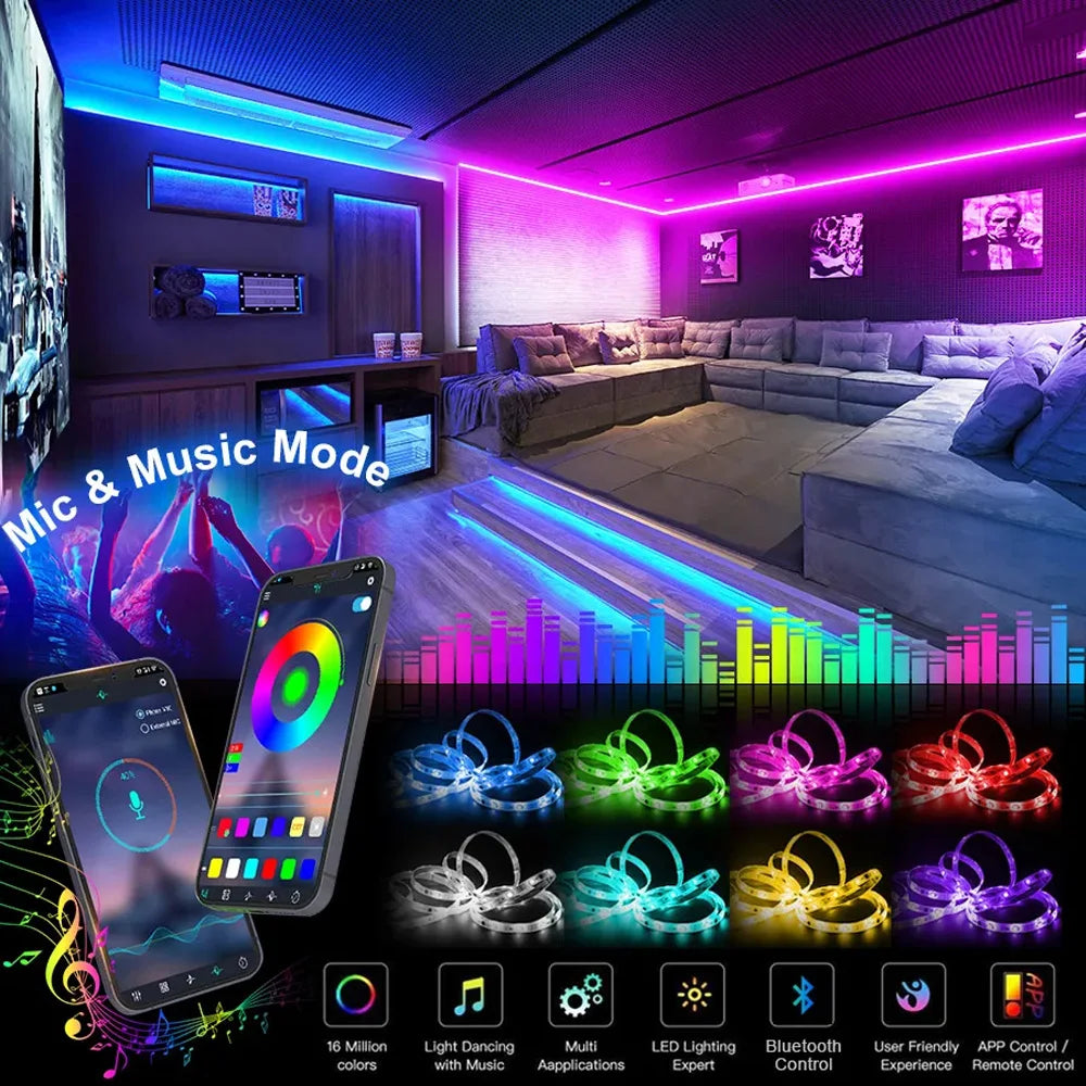 RGB 5050 Bluetooth LED Strip Lights – Smart App-Controlled Color Changing LED Light Strip (10M–30M)