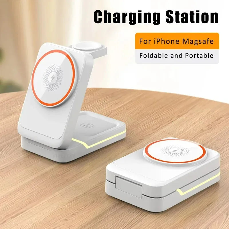 30W 3 in 1 Magnetic Foldable Travel Fast Wireless Charger Stand for Magsafe iPhone 16 15 14 13 17 Pro Apple Watch 2-9 SE Airpods
