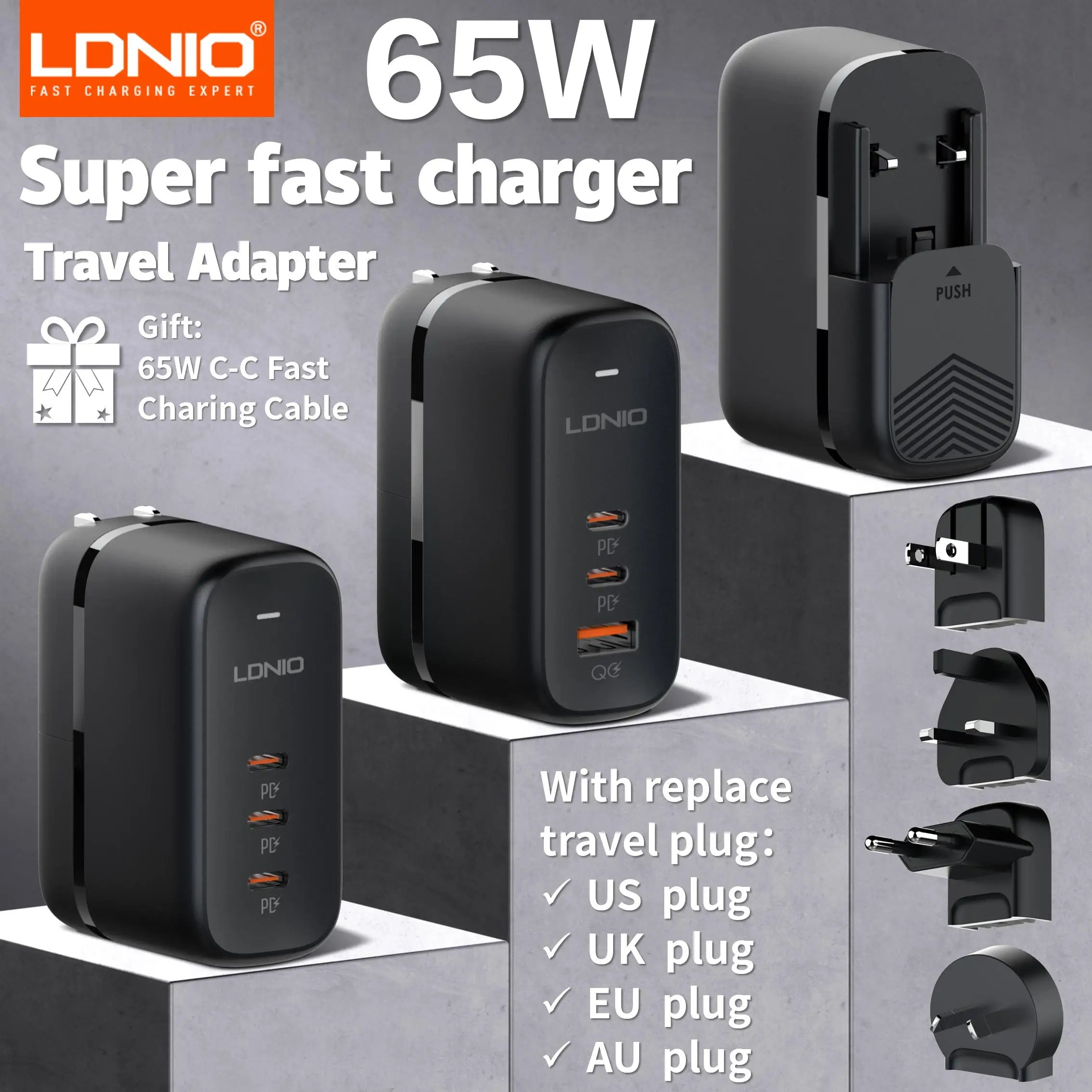 LDNIO 65W GaN USB-C Travel Charger – 3-Port PD/QC Wall Charger with EU/UK/US/AU Adapter