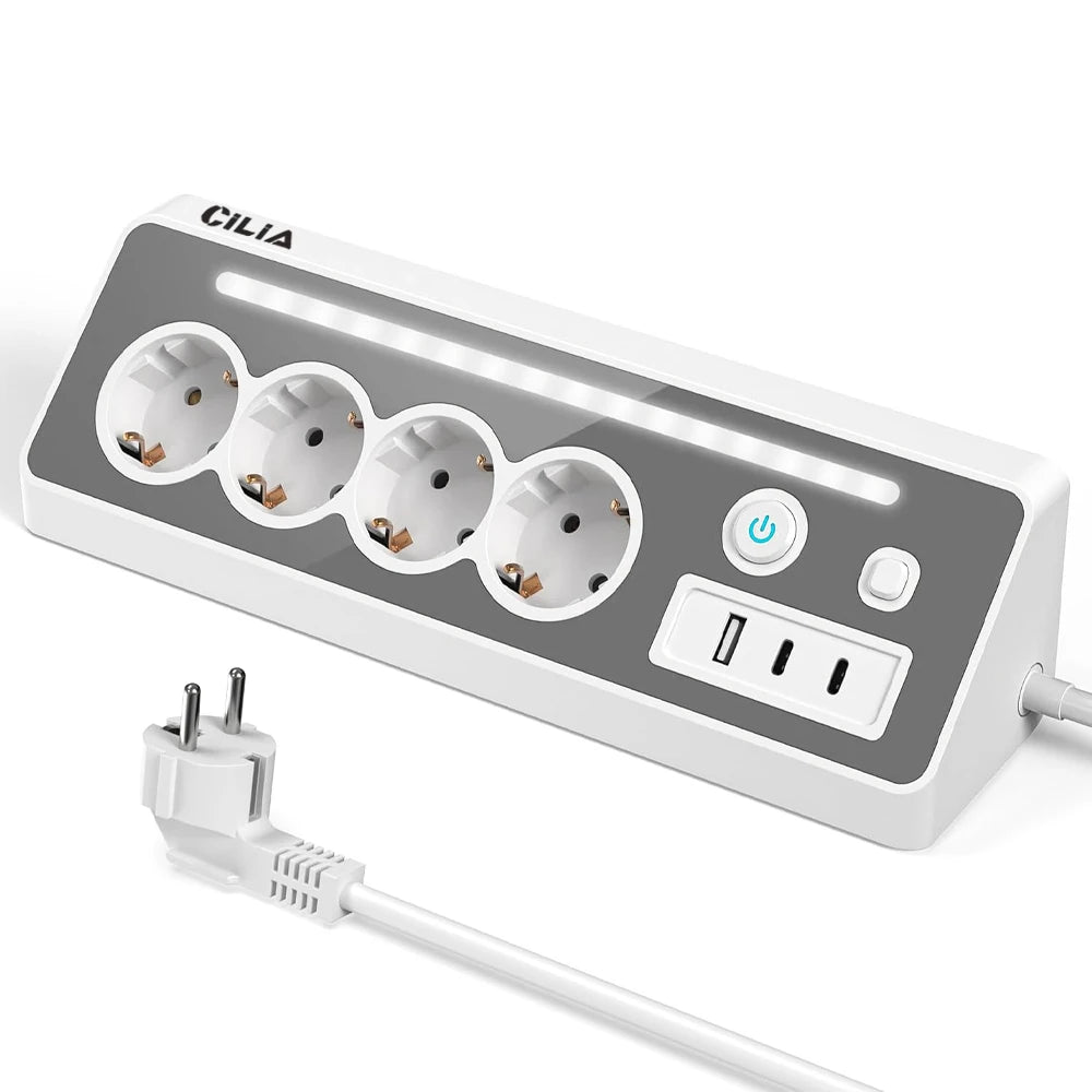 CILIA EU Power Strip 4 Schuko 2 USB C 1 USB A, 3680W 16A Surge Protection with Switch LED, 1 5m Cable for Home