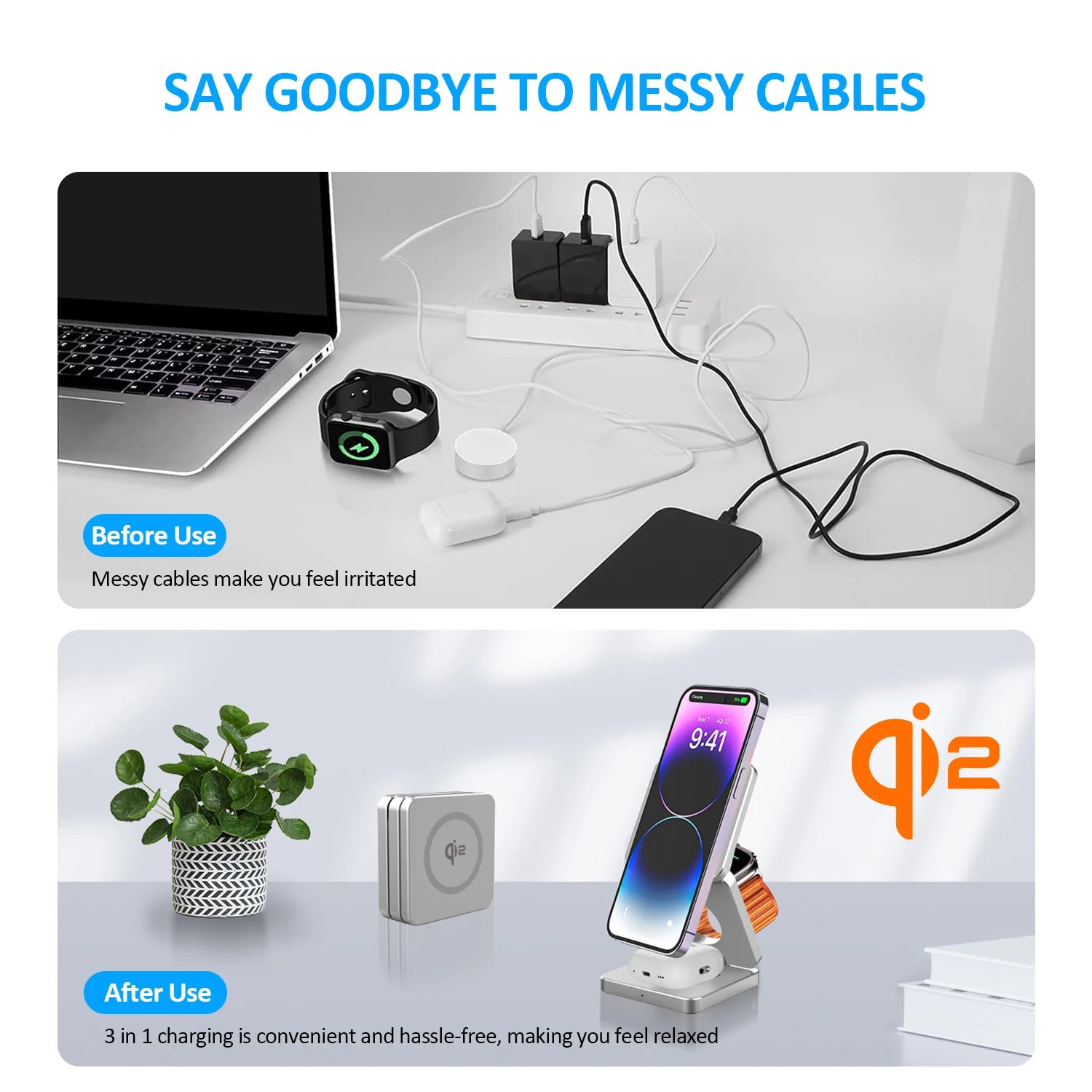 Magnetic Wireless Charger 3-in-1 – 15W Fast Charging for iPhone 17/16/15, Watch & AirPods
