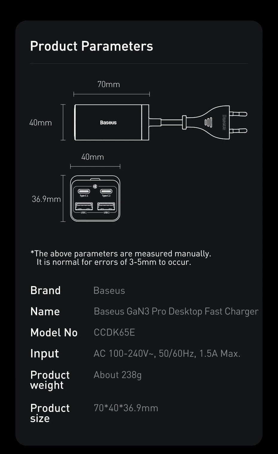 Baseus 65W Desktop Charger – Fast Charge for iPhone & Samsung