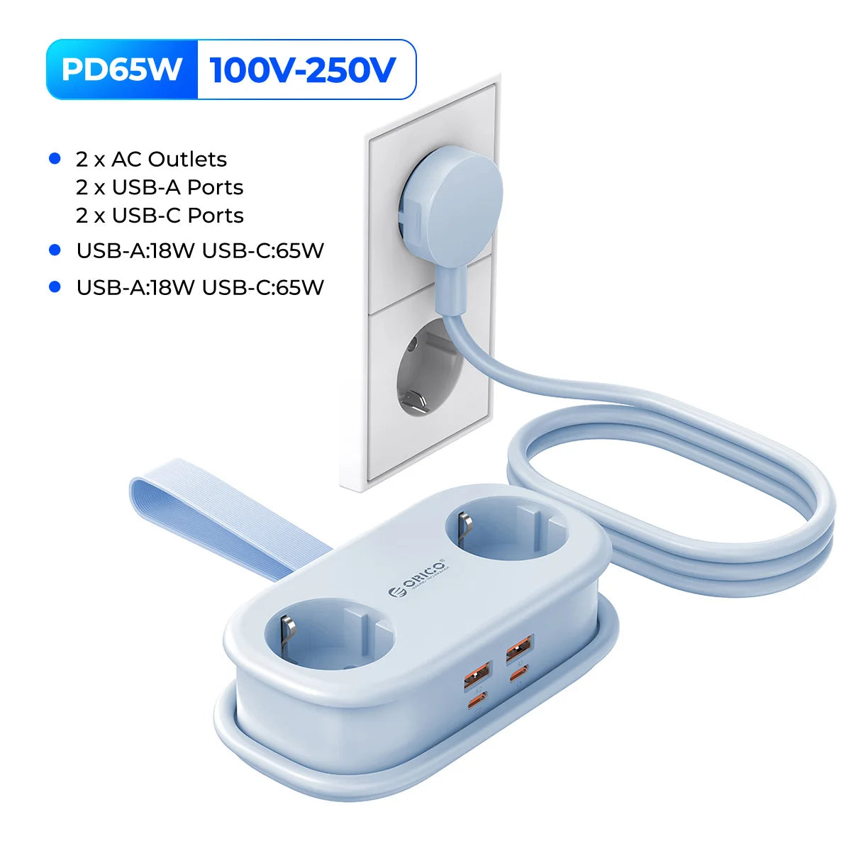 ORICO 65W GaN Power Strip – 2 AC Outlets, 2 USB & 1 USB-C