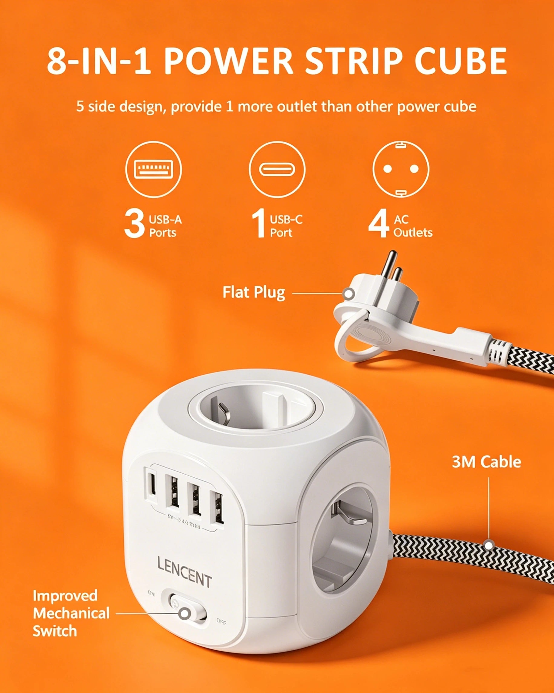 LENCENT Upgraded Power Strip Cube with  4 AC Outlets 3 USB Port 1 Type C 3M Braided Cable Multi Socket with Switch for Home
