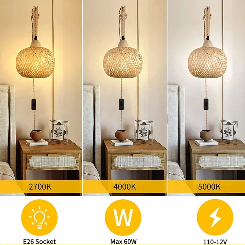 Bamboo Lantern Wall Lamp – Hand-Woven Rattan E27