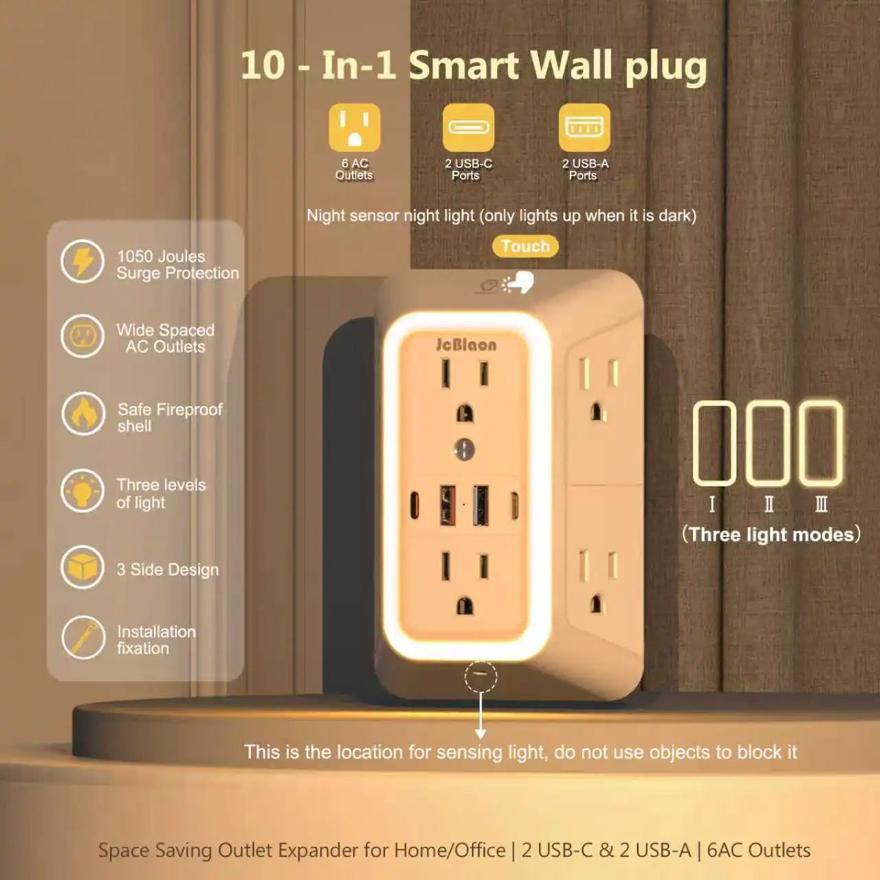 With Night Light US Plug AC Outlets Multitap Socket Electrical Power Strip with USB Type-C Ports Charging Network Filter Adapter