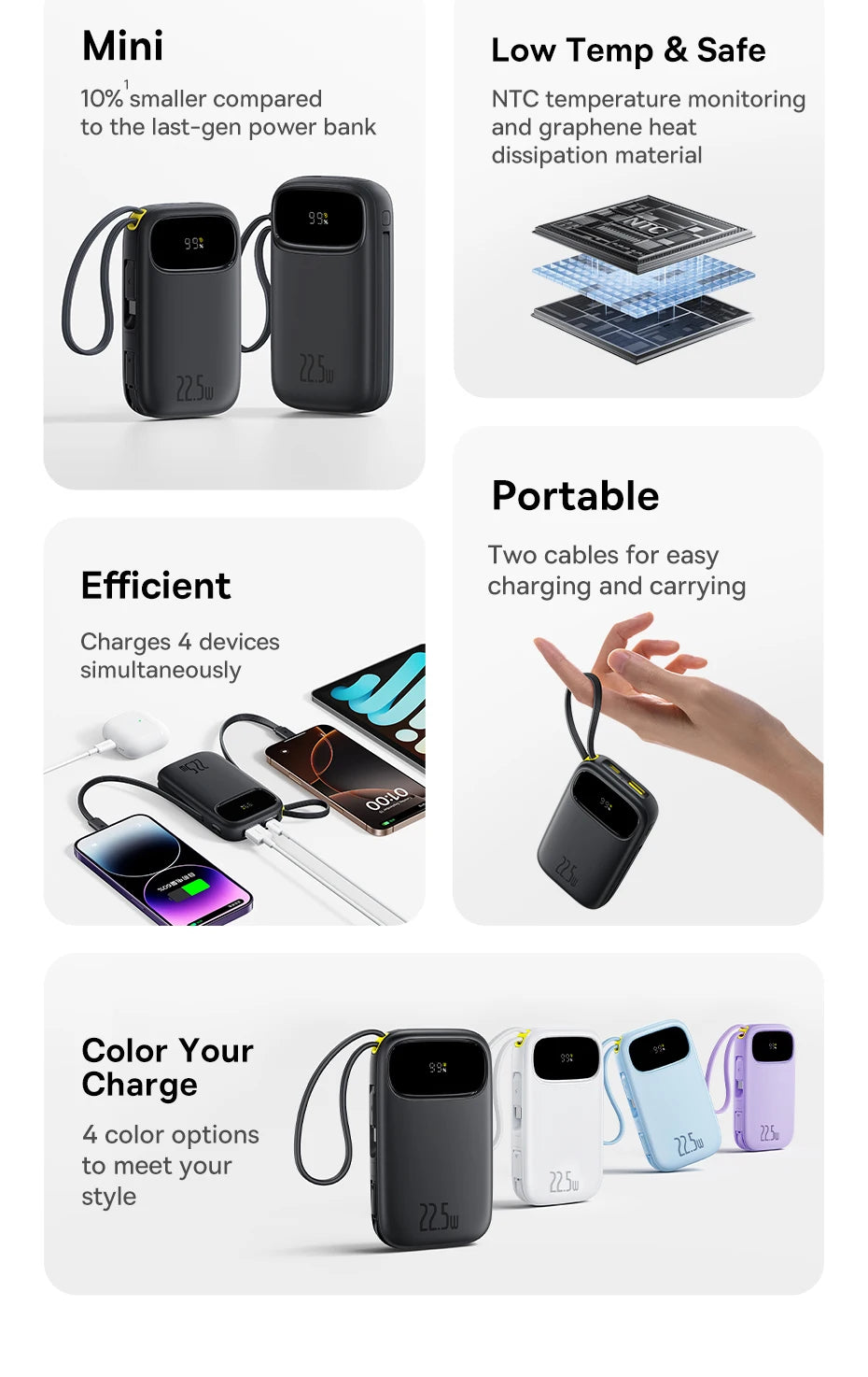 Baseus 22.5W 10000mAh 20000mAh Power Bank Built-In Retractable USB-C & Lightning Cable for iPhone 16 Samsung S25 Xiaomi Poco