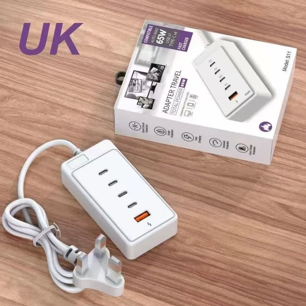 65W USB-C Fast Charging Hub – Multi-Port Wall Charger with 1M Extension Power Socket
