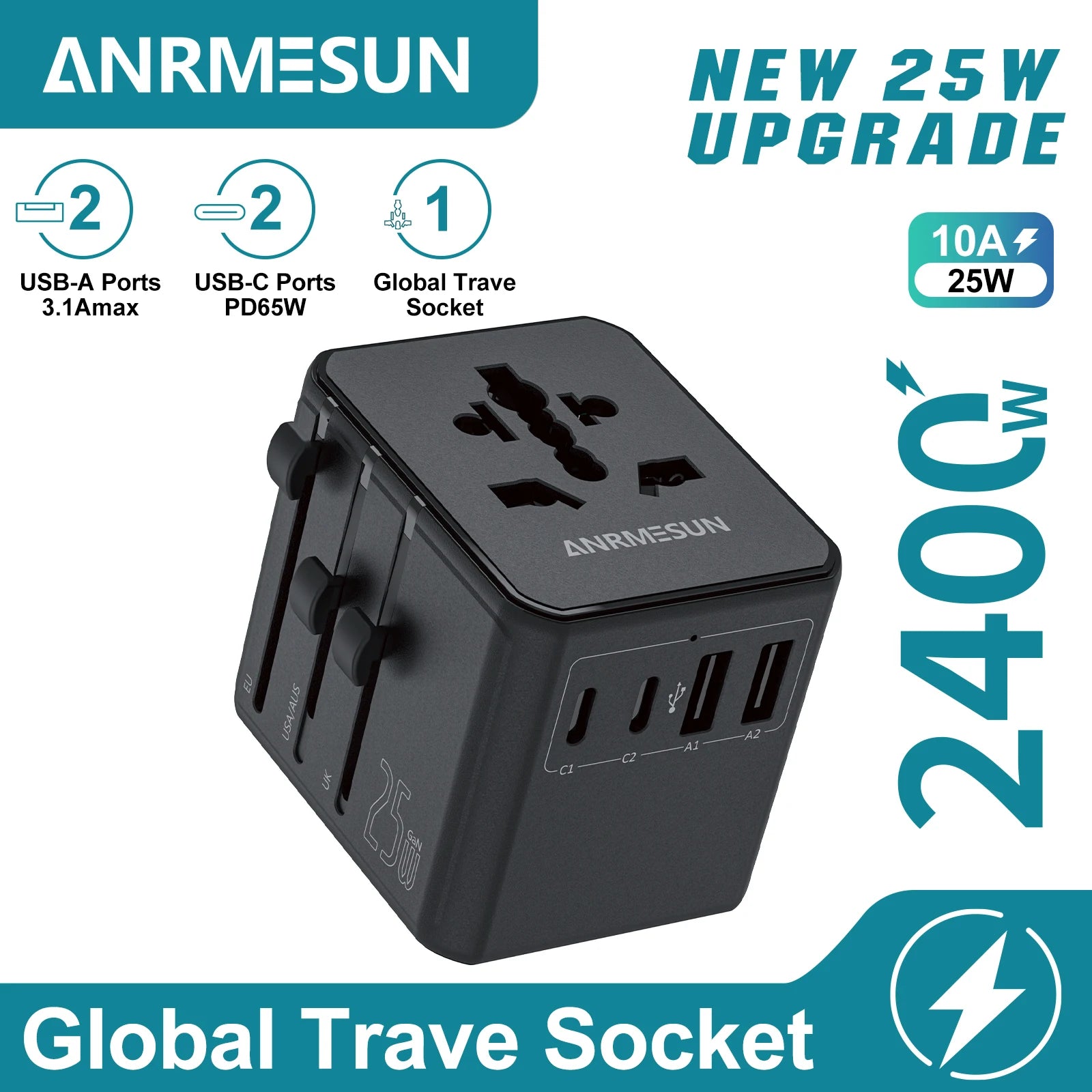 Global Universal Conversion Travel Plug 2 Type-C Sockets EU US AC Power Travel Adapter PD 65w 45w 25w Travel Plug Fast Charging