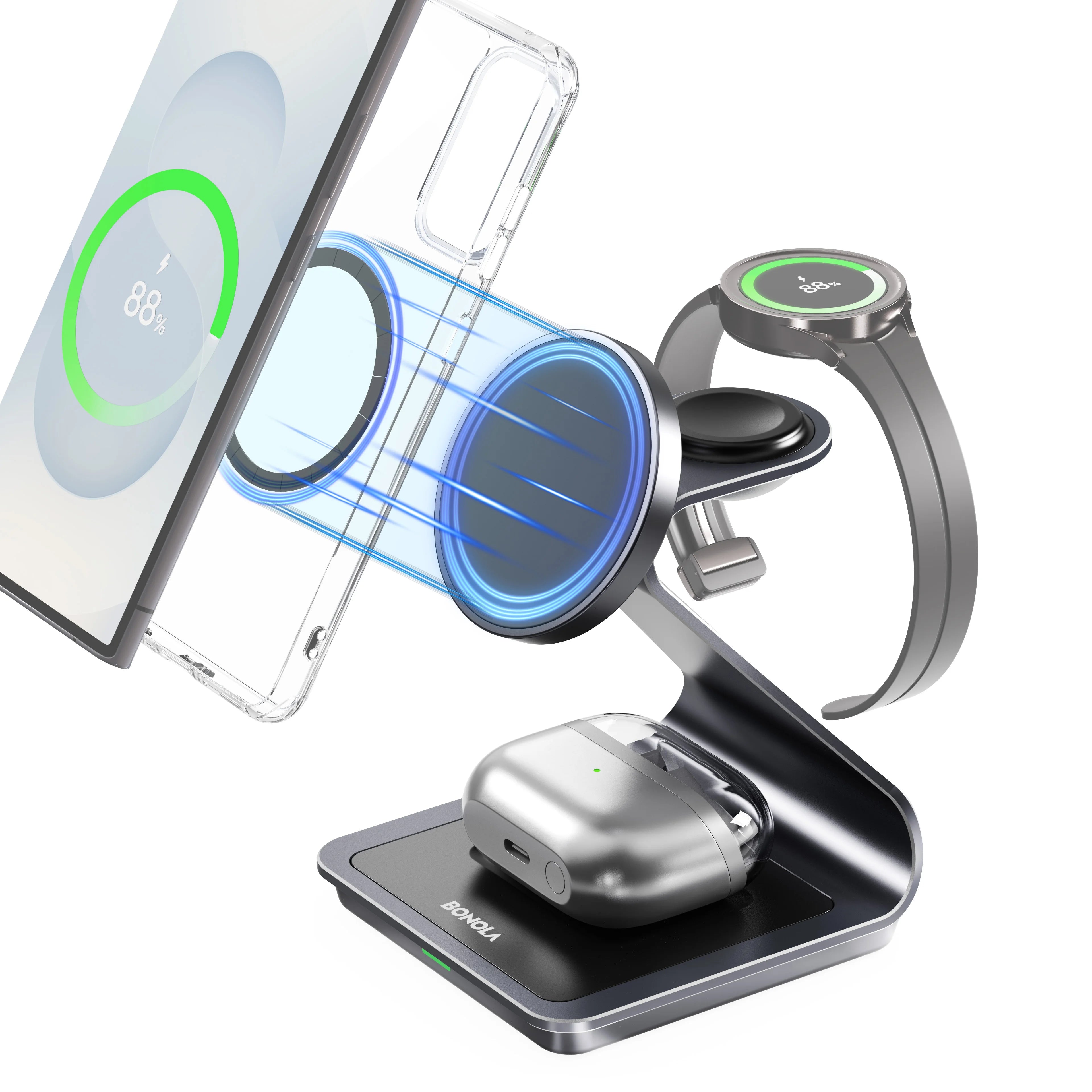 Bonola Wireless Charging Stand – 15W Fast Charge, 3-in-1 for Phone, Watch & Buds