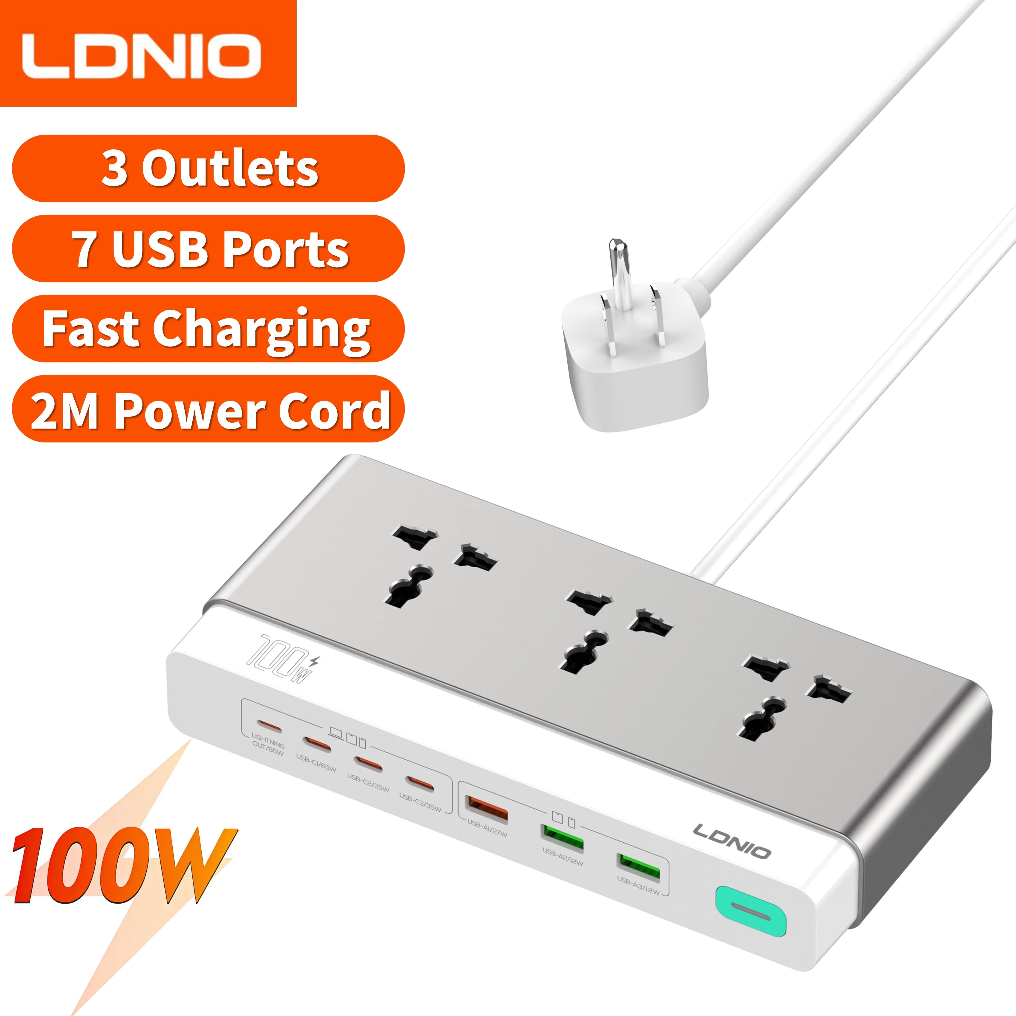 LDNIO 65W 13-in-1 Power Strip – Universal Outlets, USB-C Fast Charging & 2M Surge-Protected Extension Cord