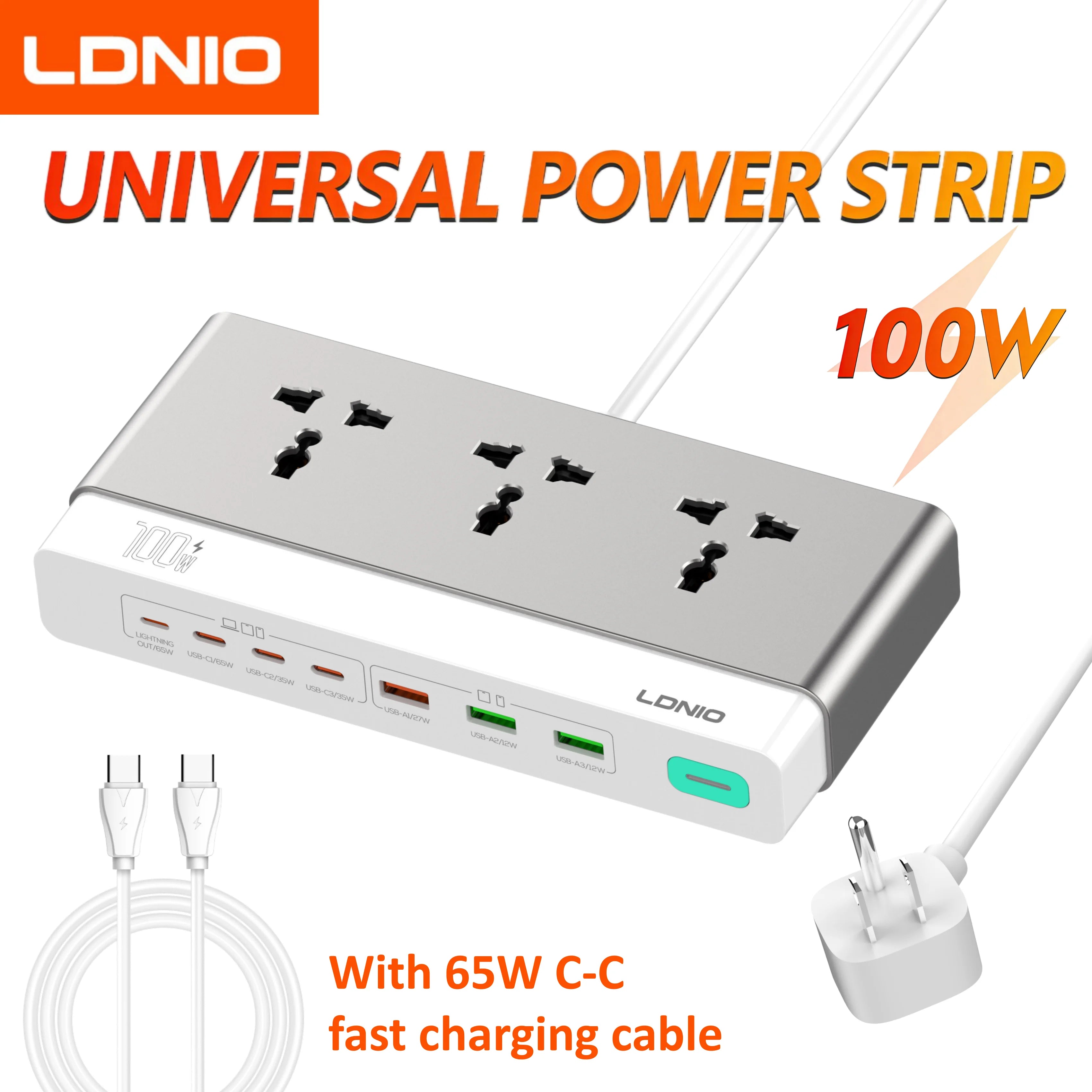 LDNIO 100W Desktop Power Strip – Universal AC Outlet with 65W USB-C Fast Charging & 2500W Power Station